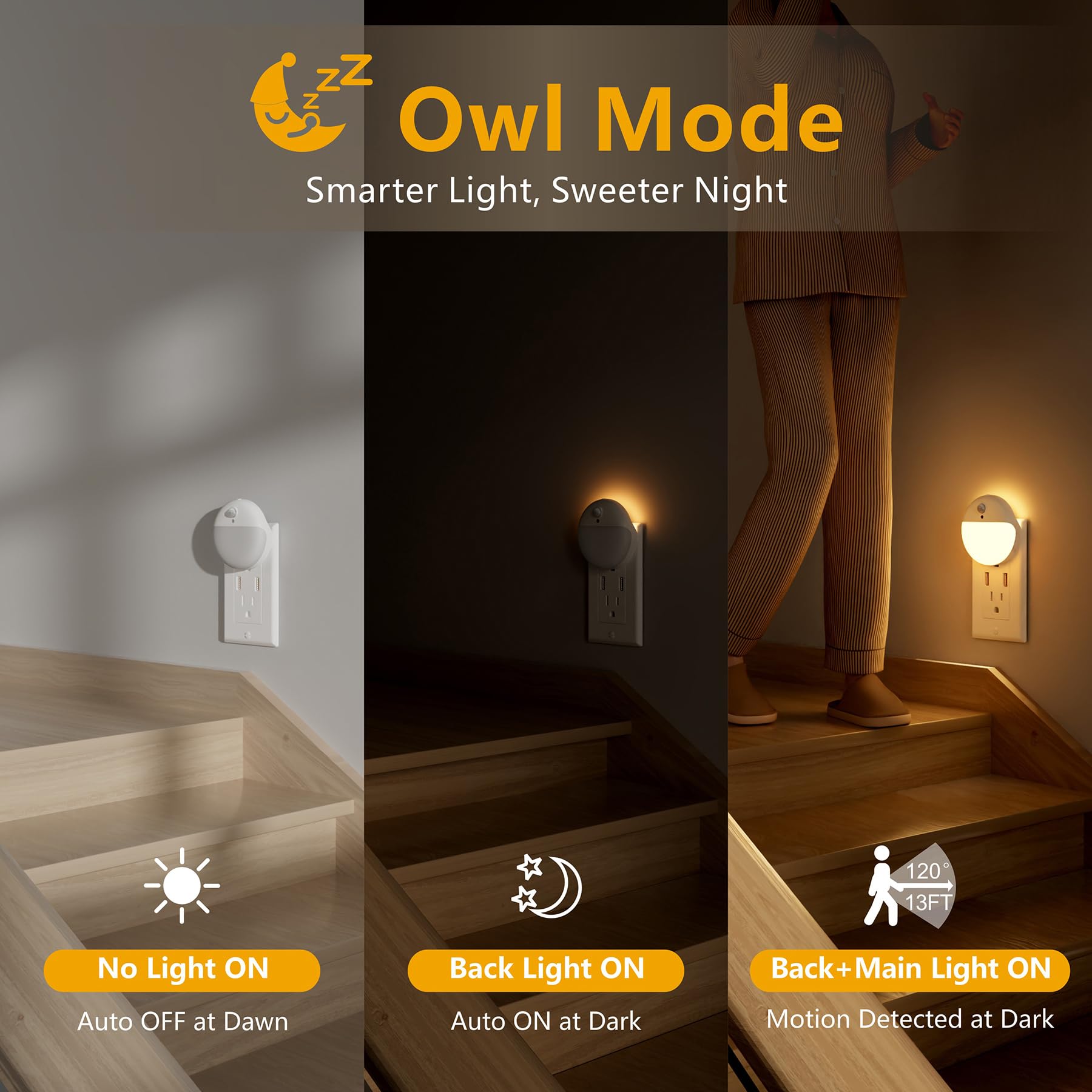 YUNLEX Night Light 2 Pack with Motion & Dusk Sensor, Warm White LED, 3 Sensor Modes, Ideal for Bathroom, Bedroom, Kitchen