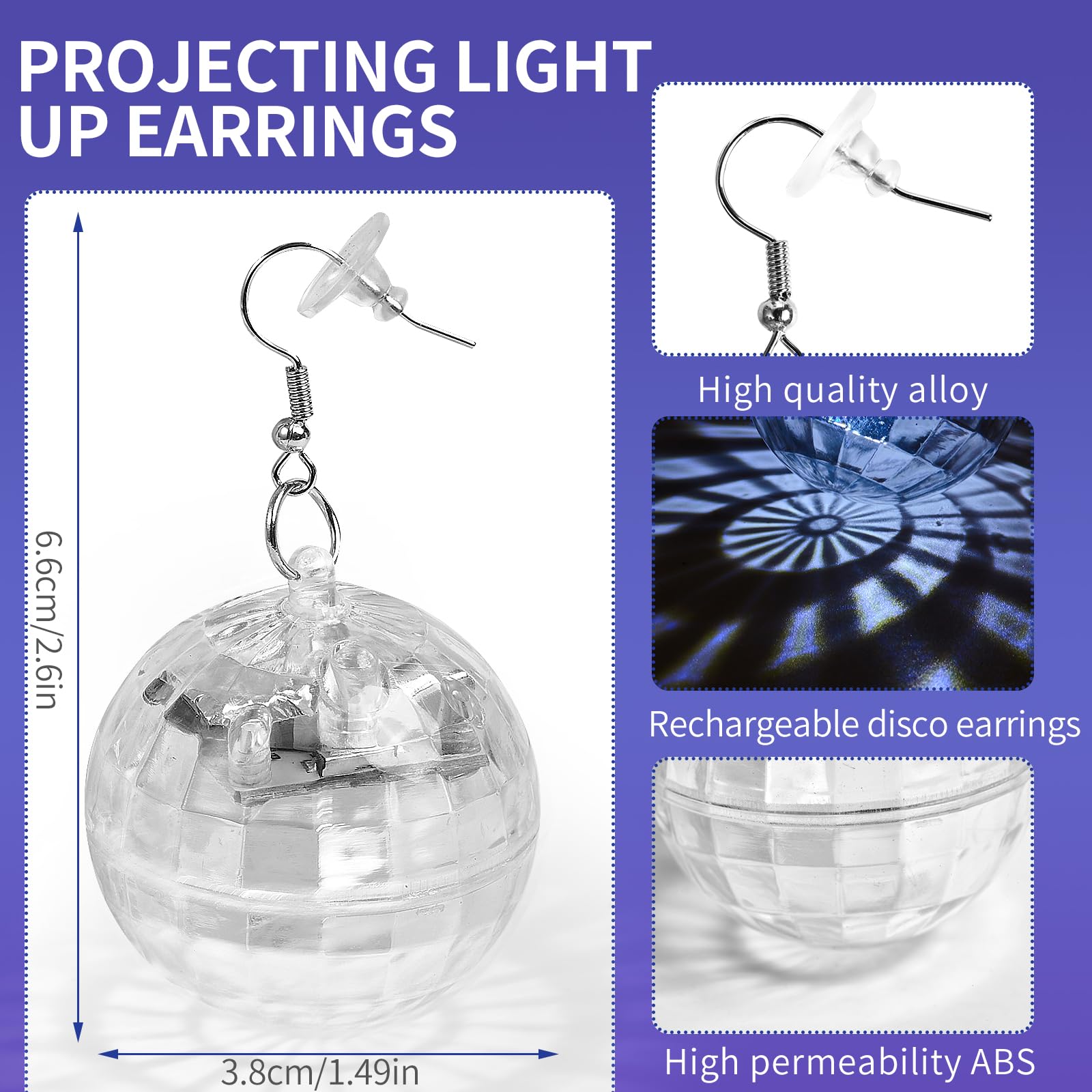 RAHAN LED Disco Ball Earrings, Rechargeable, 3 Light Modes, White, Model: disco-white