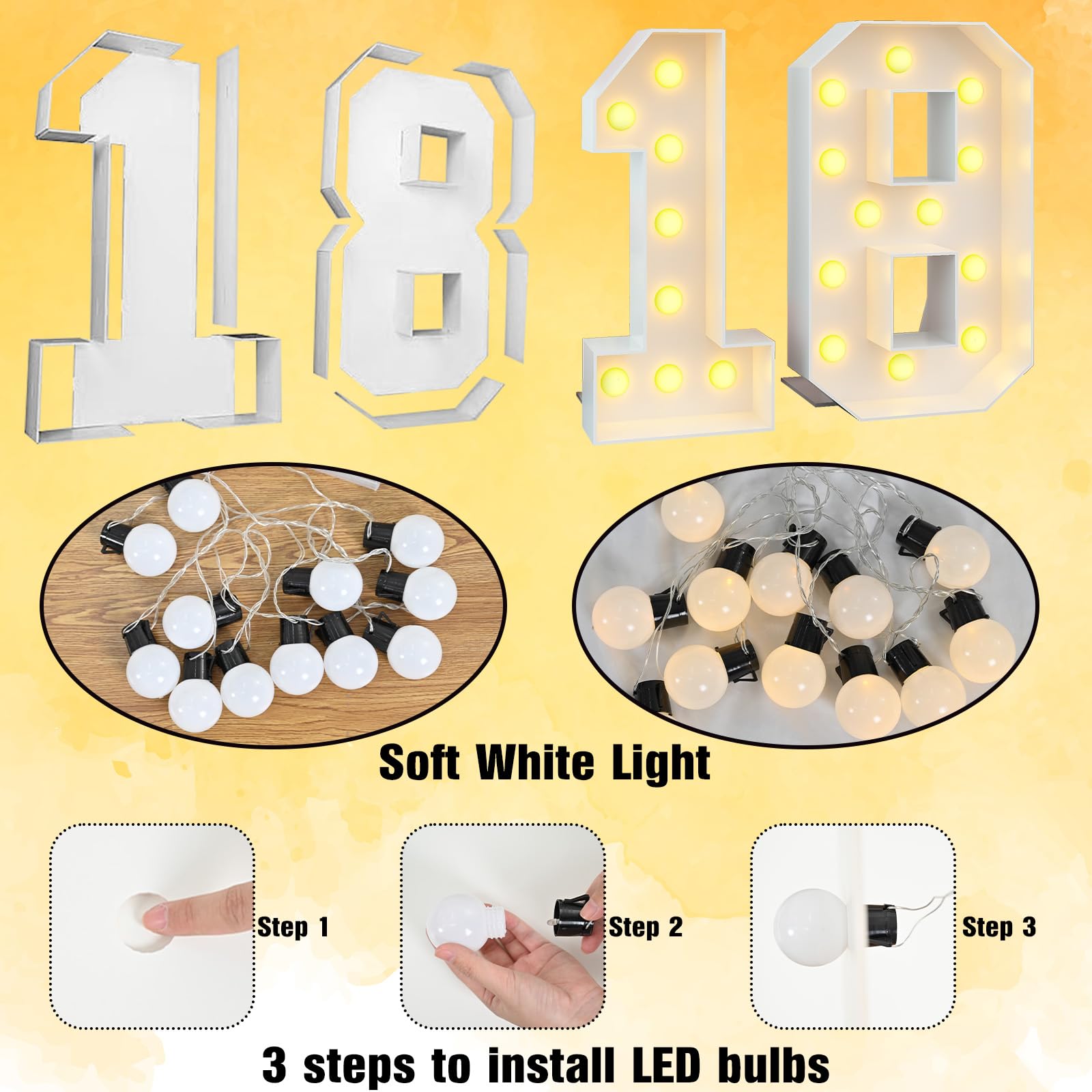 4Ft Light Up Numbers 18 Large Numbers With Lights Bulbs White Marquee Frame For 18Th Party Boys Girls Birthday Decorations Pre-Cut Mosaic Cardboard Giant Cut-Out Thick Foam Board Sign Anniversary