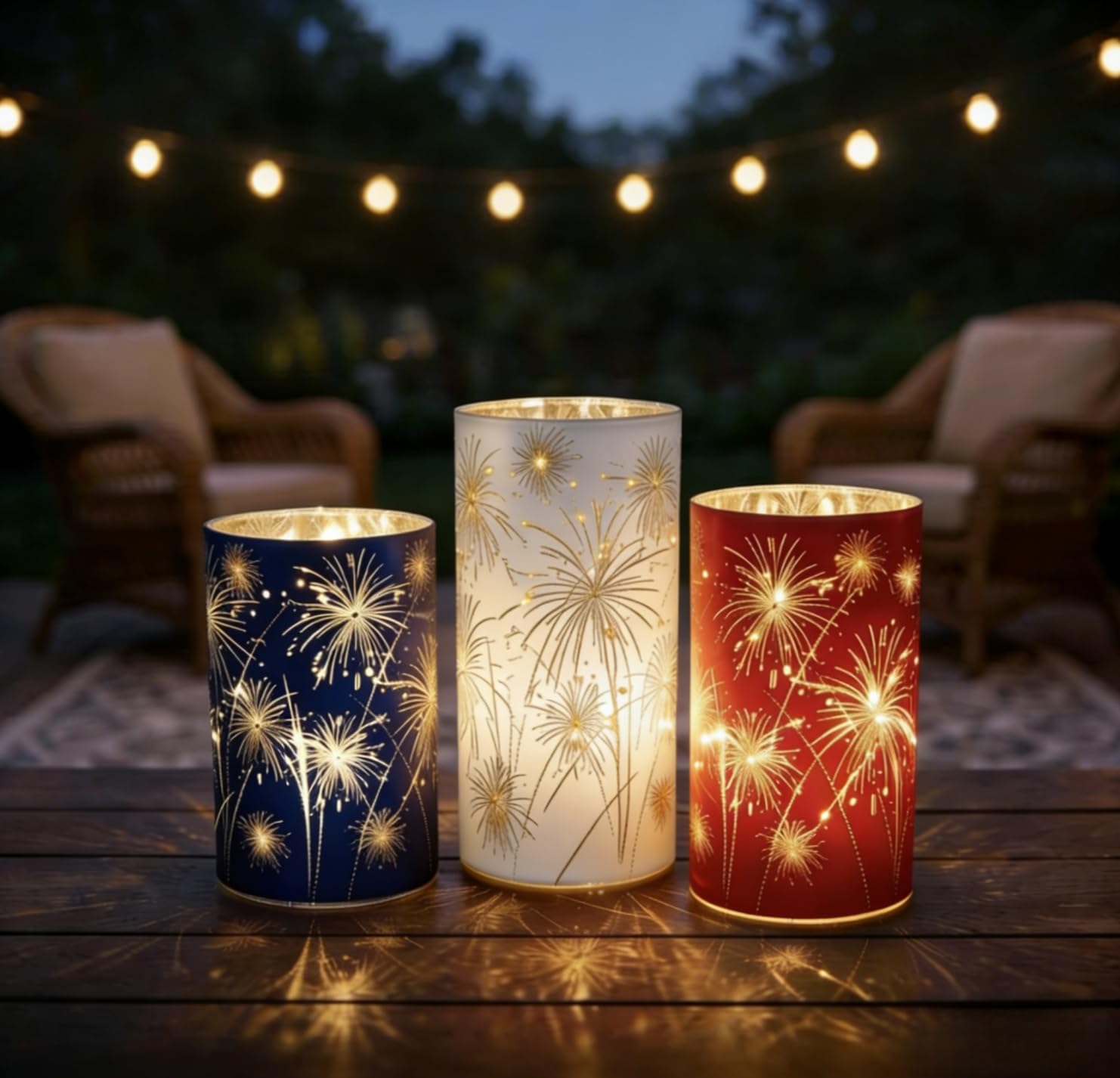 Patriotic Fireworks LED Lanterns, Red White Blue, Glass Hurricane with Etched Starburst Design, Battery Operated, 3 Pack, 4th of