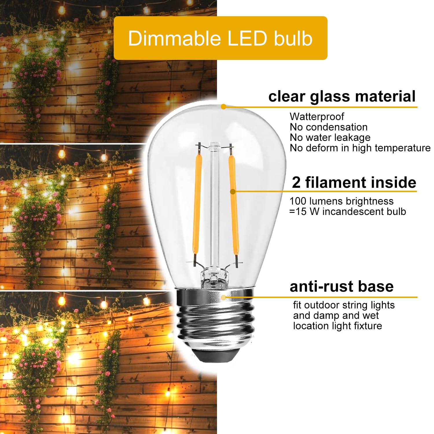 NIOSTA 24Ft Outdoor LED String Lights, 12 Dimmable Vintage Bulbs, Glass, 2700K, Model 43237-2