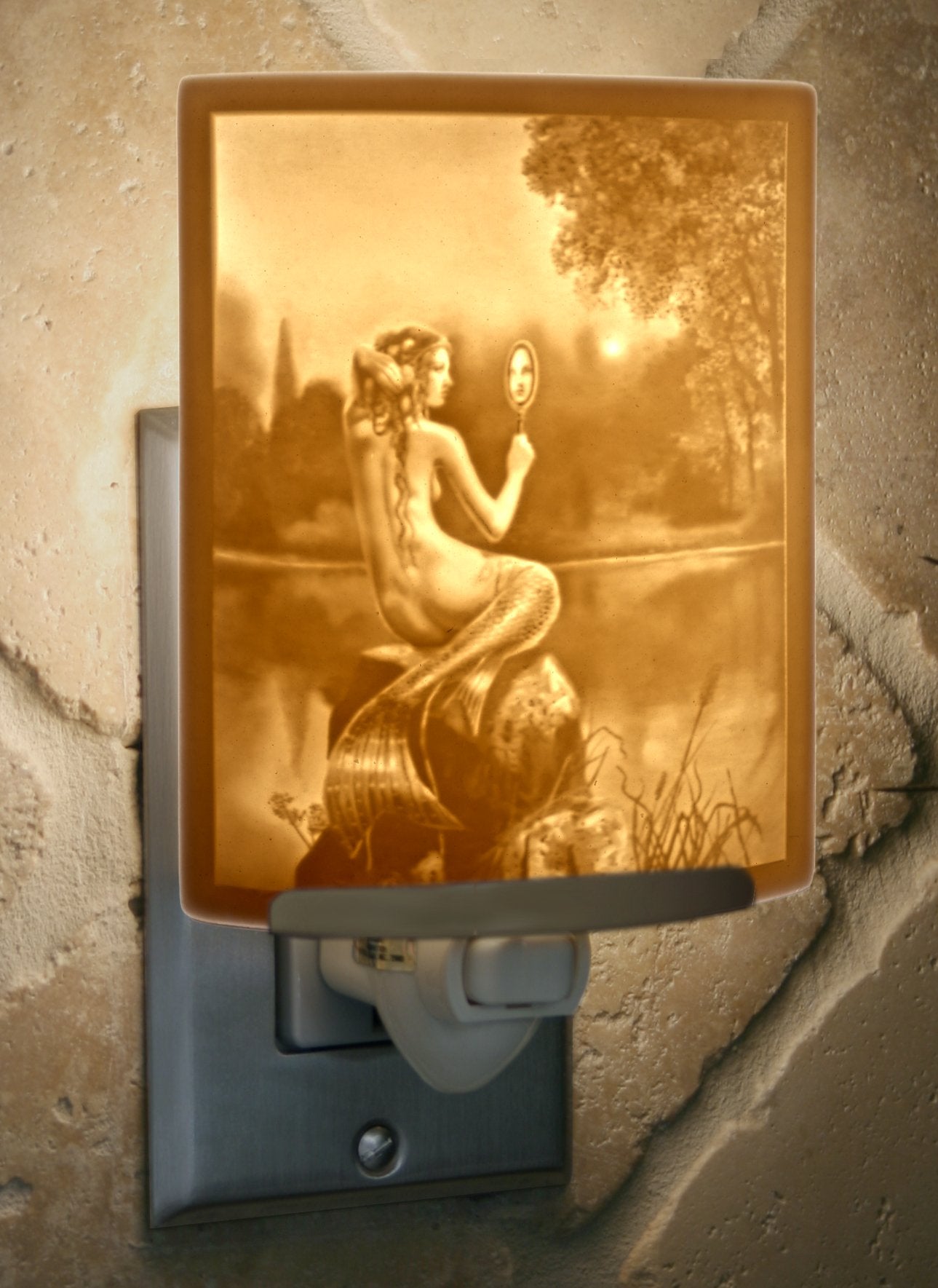 The Porcelain Garden Mermaid Night Light, Etched Porcelain Lithophane Mermaid & Mirror, Art By David Delamare, Decorative Wall P