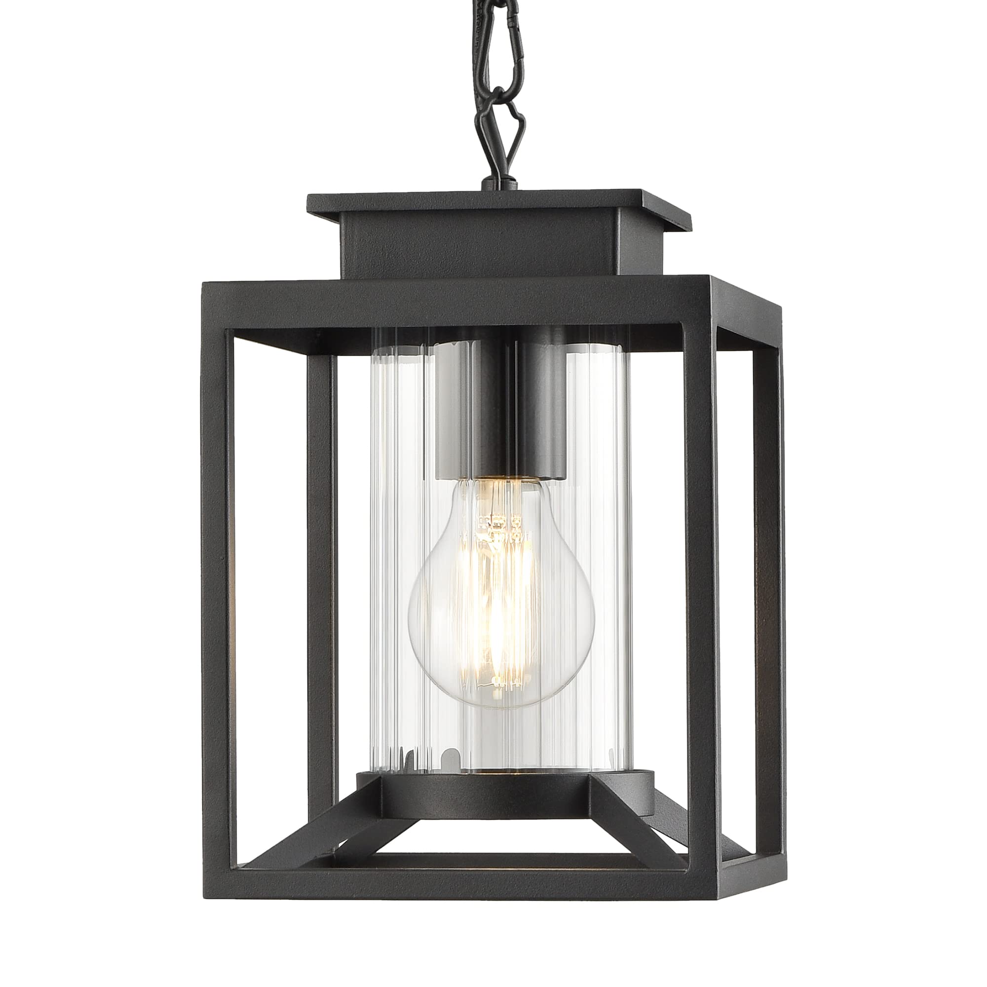 Osimir 1-Light Outdoor Pendant Light, Adjustable Chain, Black Metal With Clear Glass Lantern