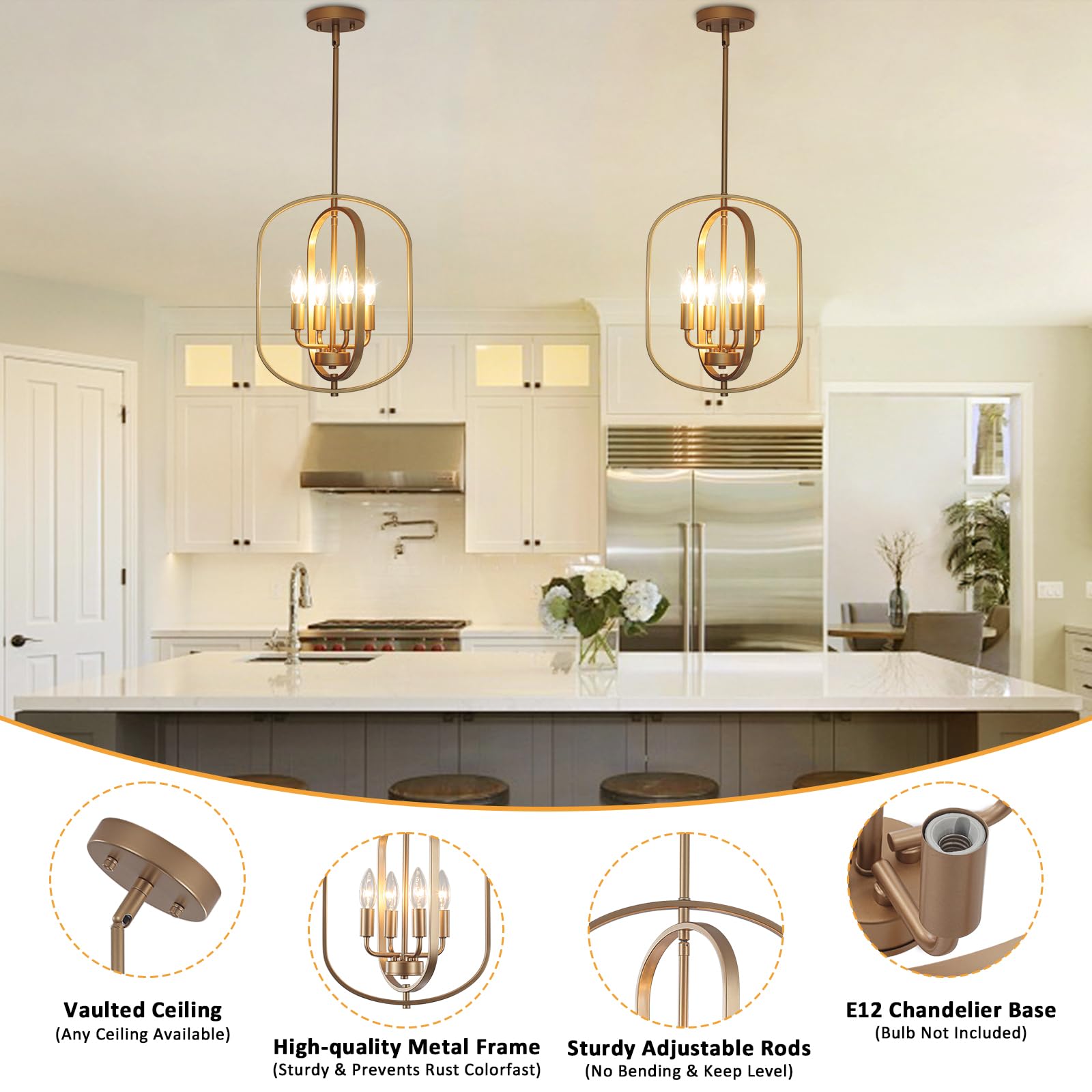 Gold Chandelier For Dining Room Light Fixture, 4 Light Entryway Light Fixture, Adjustable Modern Farmhouse Chandelier Foyer Ligh