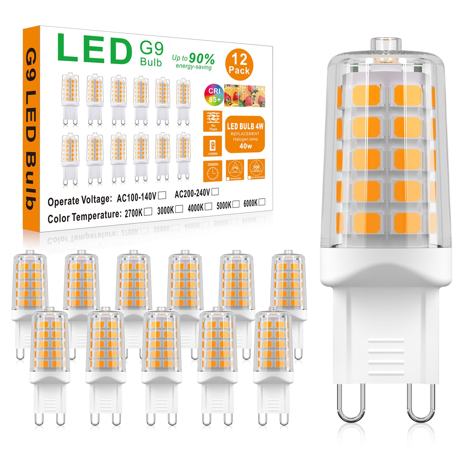 Baoming G9 Led Bulb 4W  40 Watt T4 G9 Base Halogen Equivalent  2700K Soft Warm White  120V No-Flicker  Chandelier Lighting Non-Dimmable 450Lm (12 Pack)