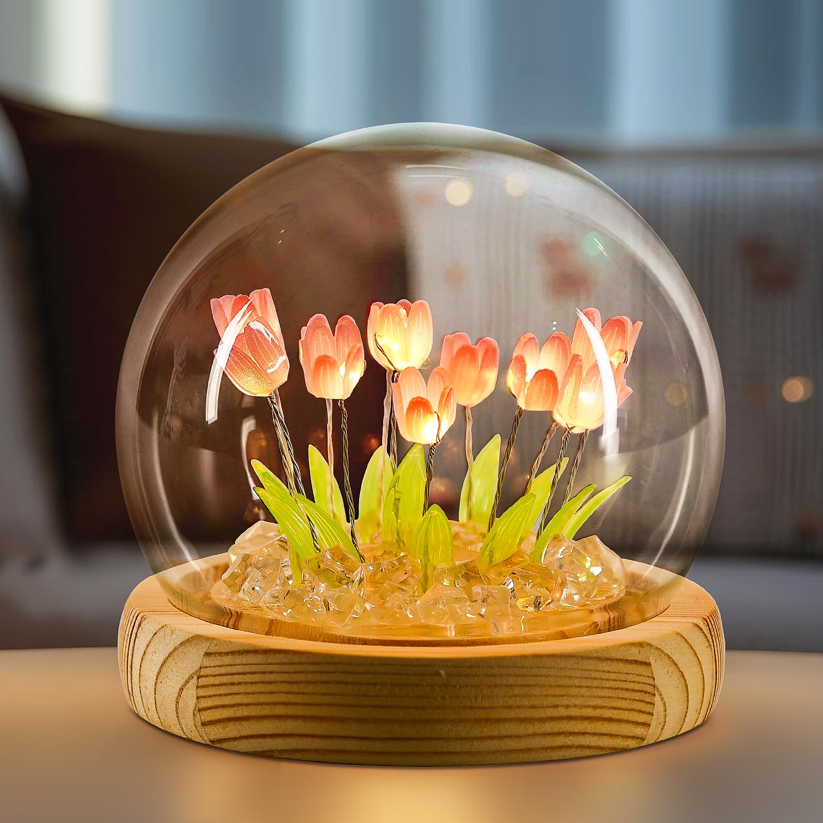 Onxe Birthday Flower Gifts For Mom,Tulips Night Light Small Glass Flower Lamp With Wooden Base For Home Decor Romantic Unique Ch