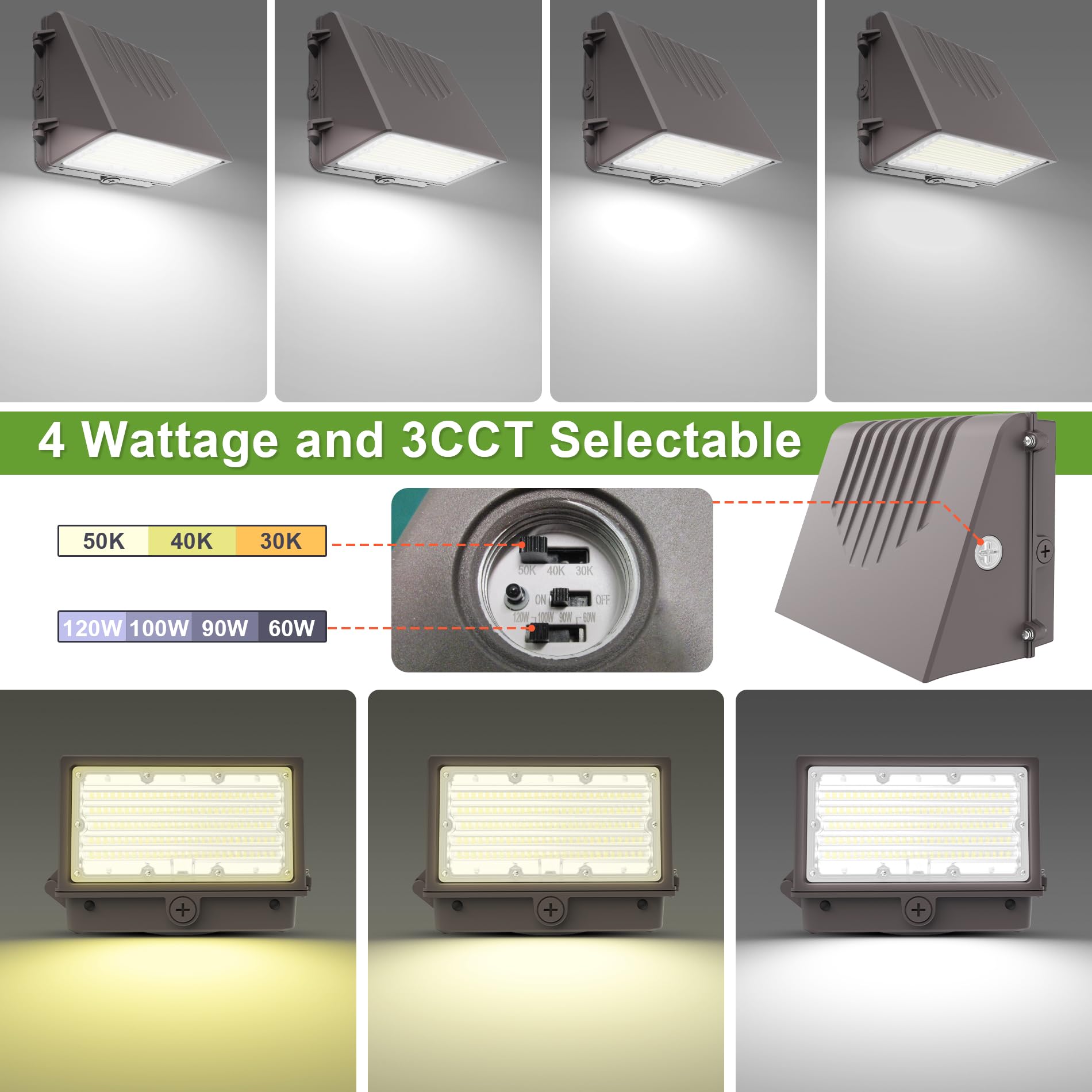 Full Cut Off Led Wall Pack Light, Adjustable Power (60W/90W/100W/120W) & Cct (3000K/4000K/5000K), Optional Photocell Sensor, Ul