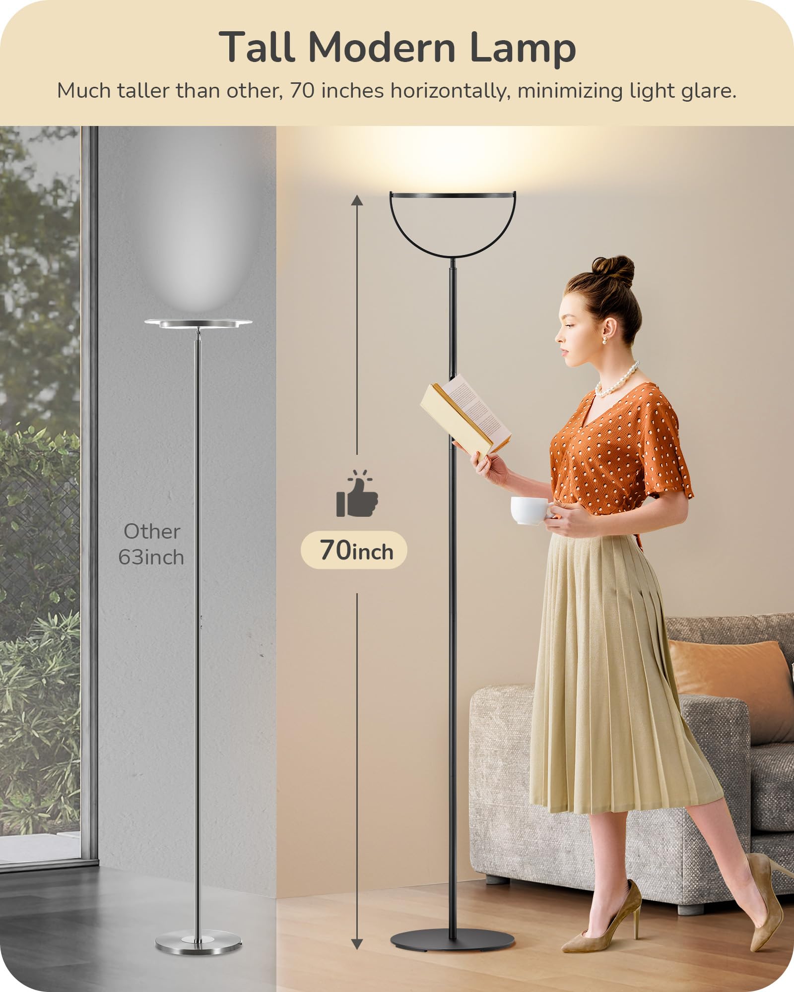 EDISHINE 76in Tall Floor Lamp, 28W 2500LM LED, Dimmable 2700K-6500K, Black, Model HFLAA1B