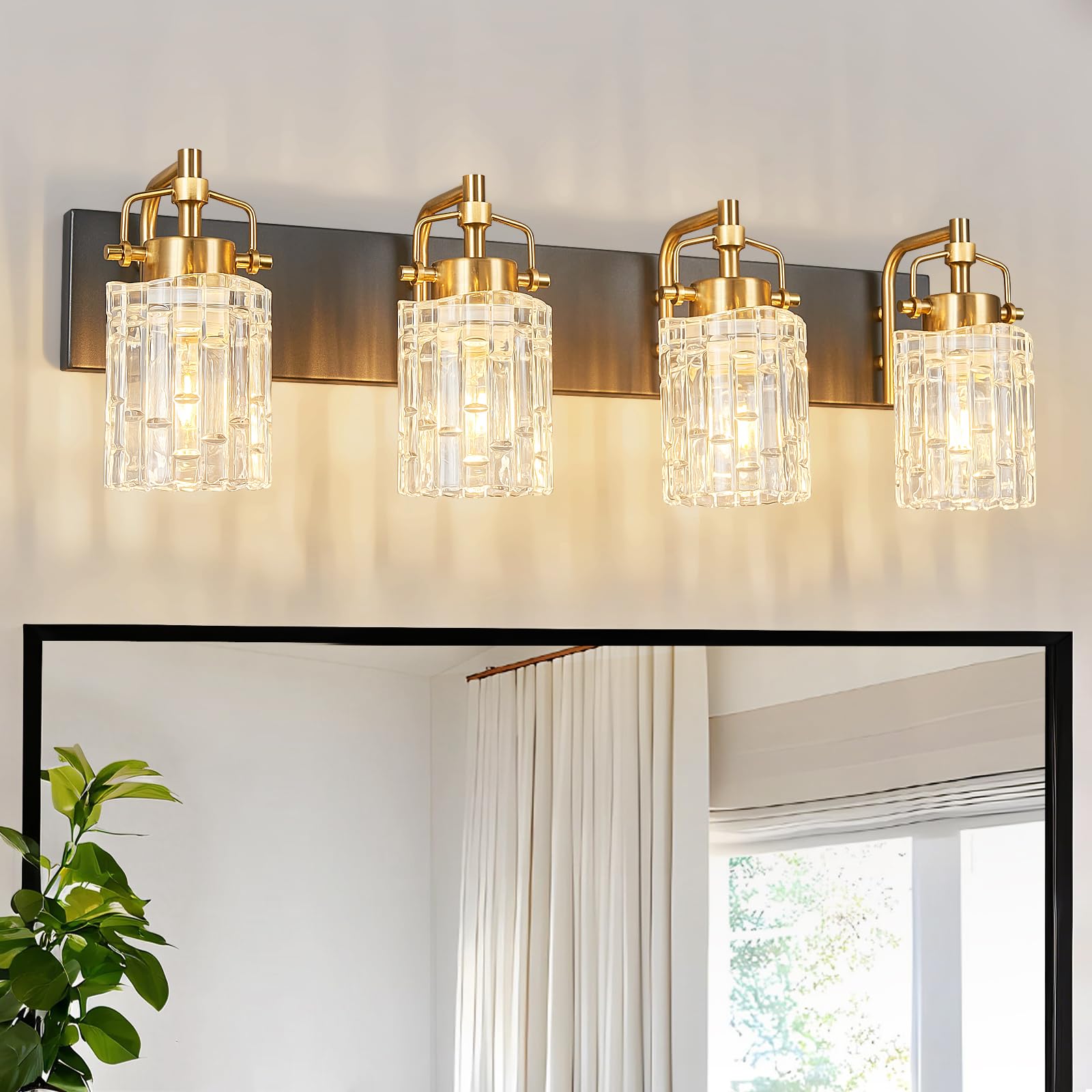 BNHHLZ Bathroom Vanity Light 4-Light Modern Black Gold Metal Fixture with Crystal Glass Shade Model 4132