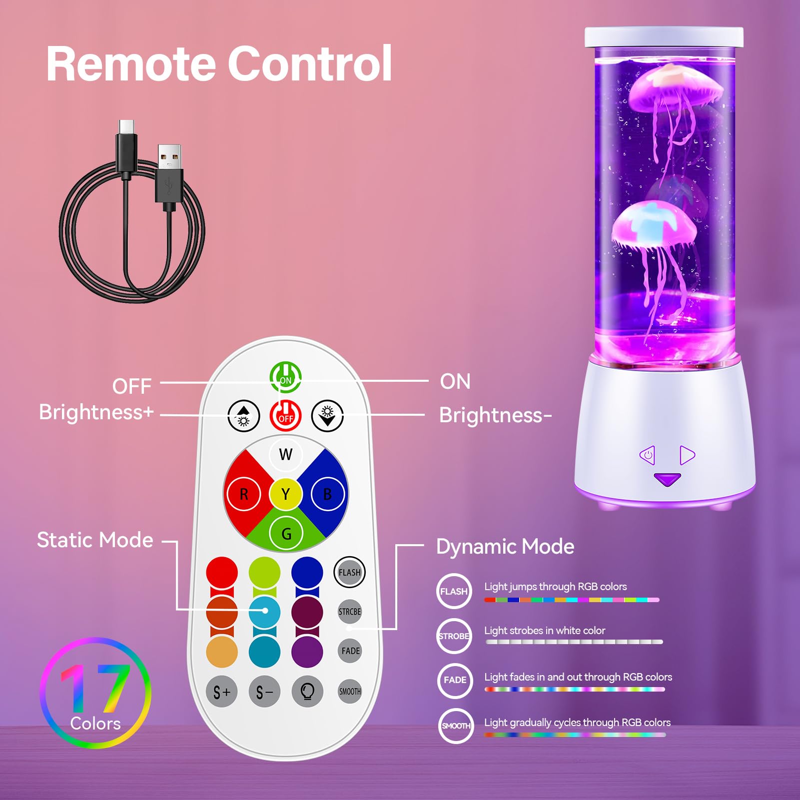 Dalavalampa LED Jellyfish Tank Table Lamp, 17 Color Changing, Remote Control, Ambient Light for Home, White, Model 6607