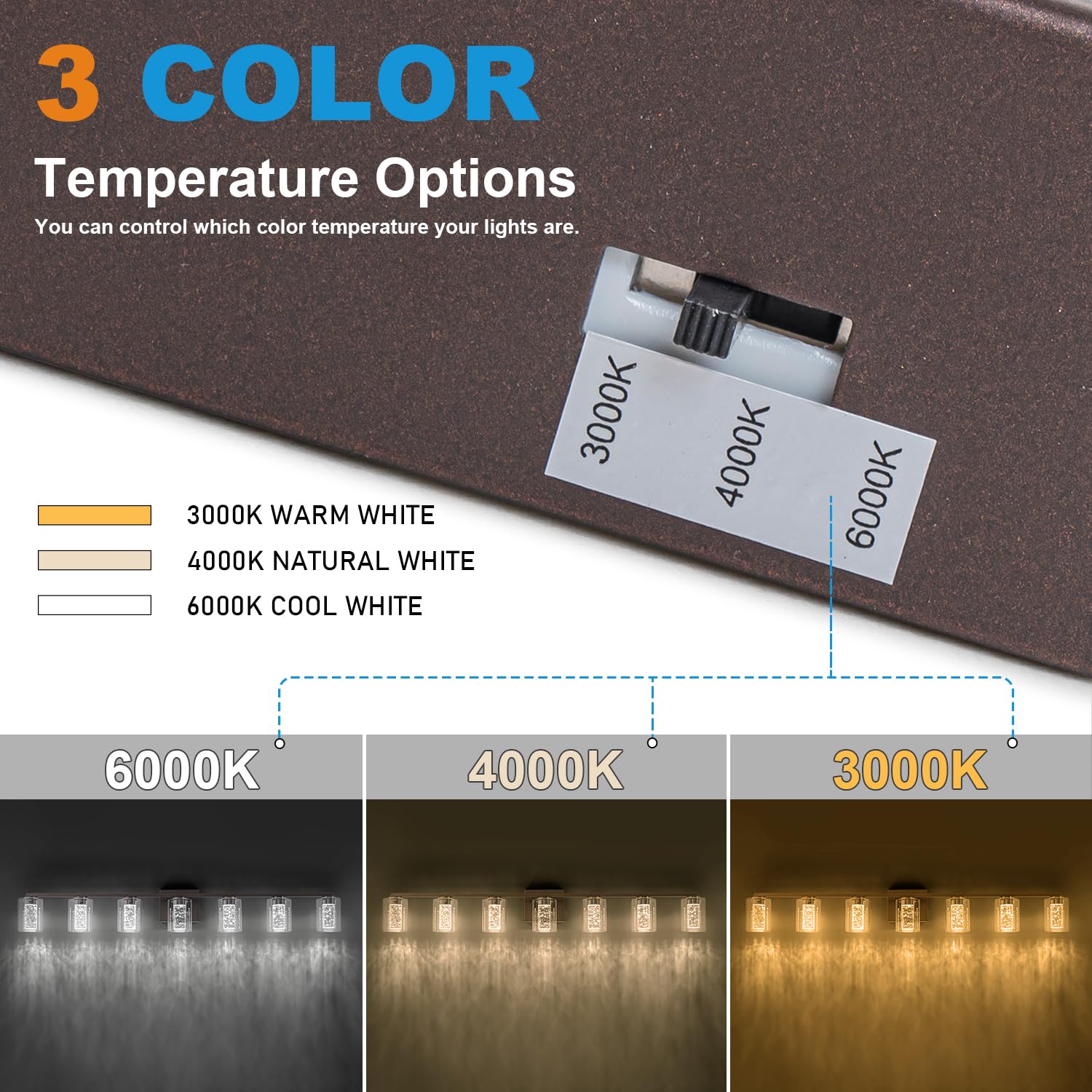 SineRise 7-Light Bronze Vanity Light, Dimmable LED Fixture with 3 Color Modes, Eye Protection Glass Shade