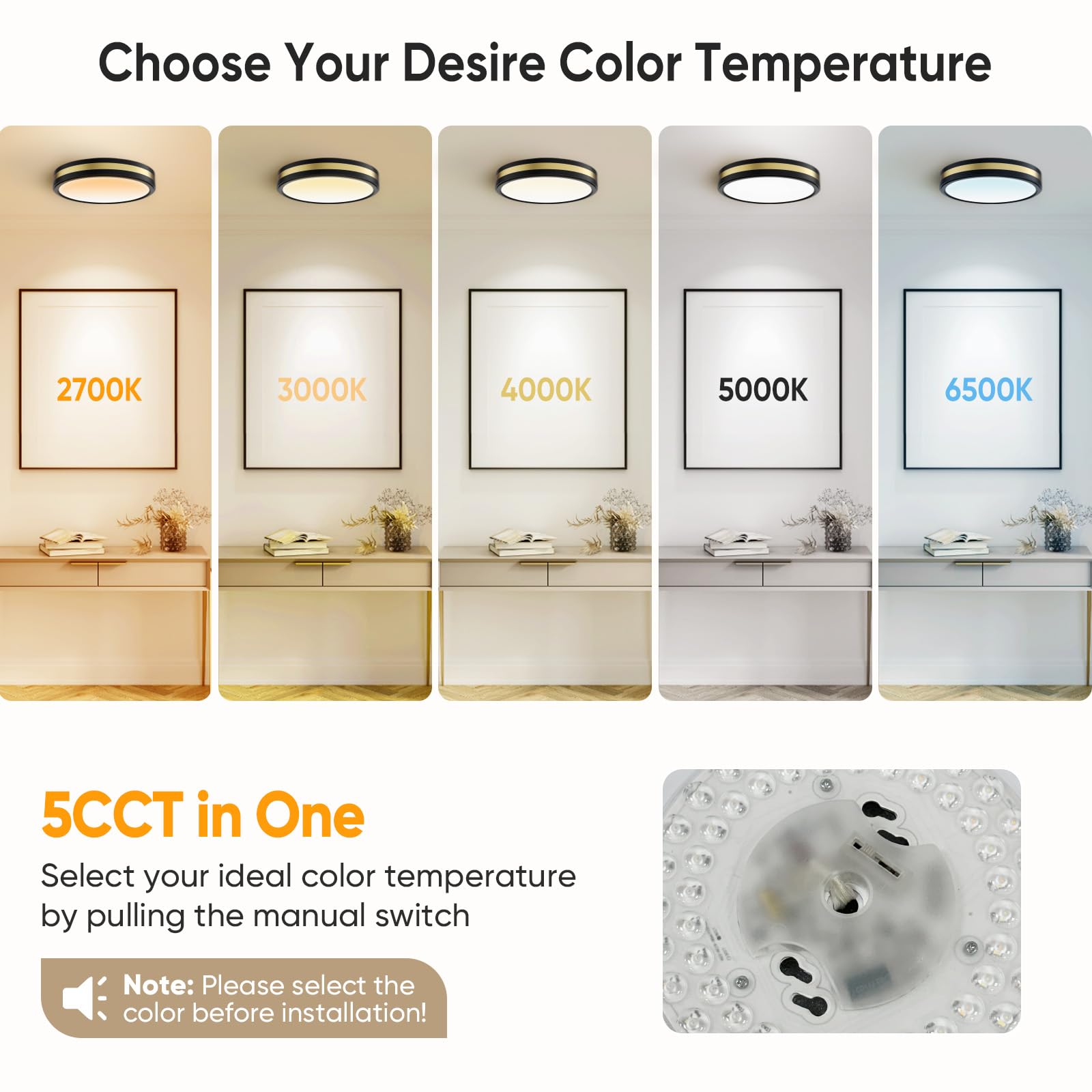 18 Inch Flush Mount Ceiling Light With Night Light, 5Cct Modern Black Gold Led Ceiling Light Fixture, 45W 4500Lm 2700K-6500K Adj