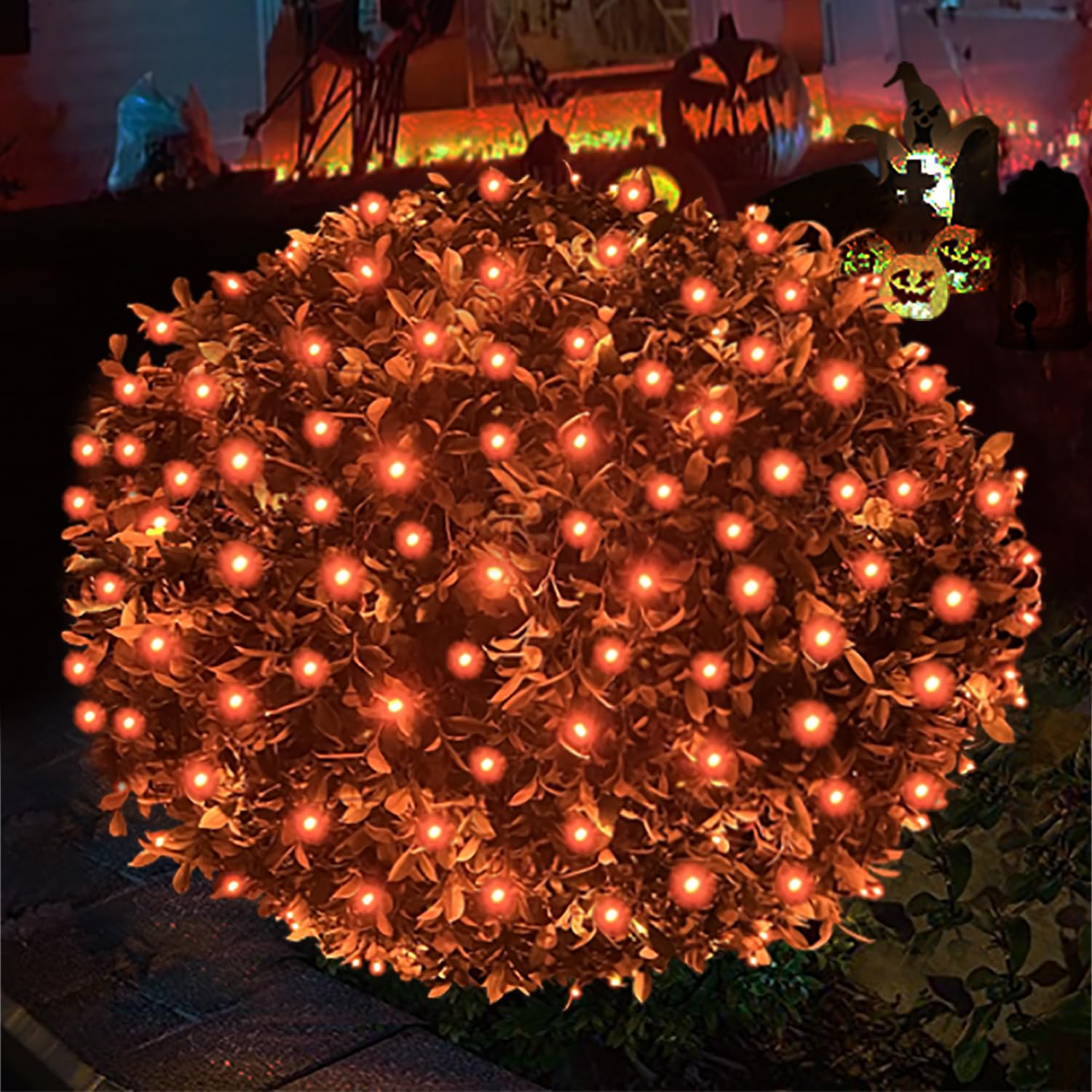 Halloween Lights Outdoor,100LED 5ftx5ft Orange Halloween Net Lights With Connectable, Waterproof ,UL Certified and Durable Green Wire Design for Bushes,Shrubs,Halloween Decorations Outdoor(Orange)