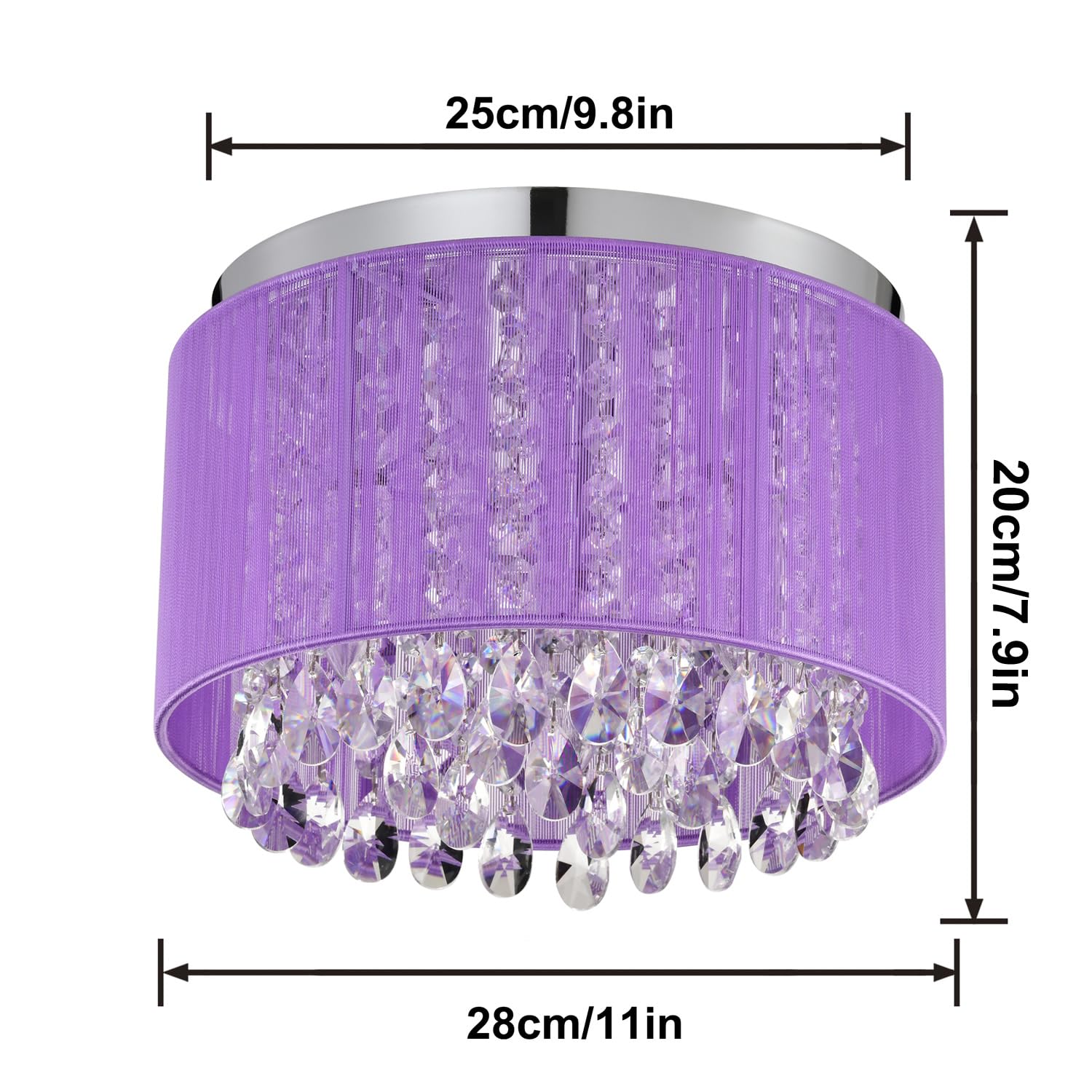 LaLuLa Purple Chandelier Drum Flush Mount Light Fixture, 3 Light, 11" Round for Bedroom, Girl’s Room, Model 17169PU