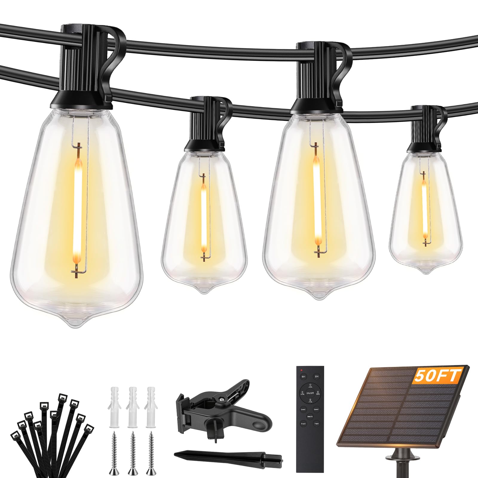 Brightever 50FT Solar String Lights Outdoor Waterproof, Patio Lights Solar Powered with Remote, 18+1 Shatterproof ST38 LED Bulbs