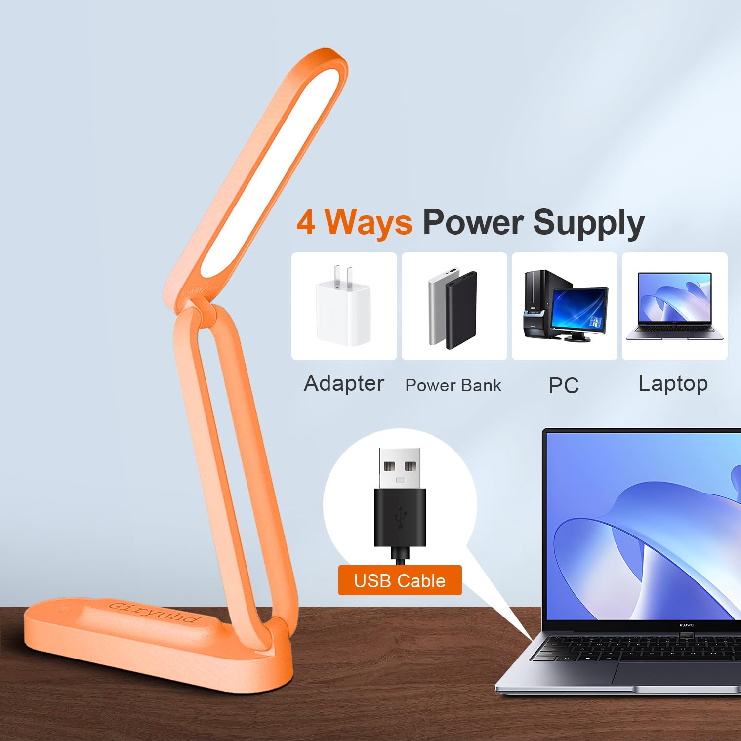 Giryuhd LED Desk Lamp Rechargeable Foldable Portable Light, 3 Brightness Dimmable, Model A211, Orange