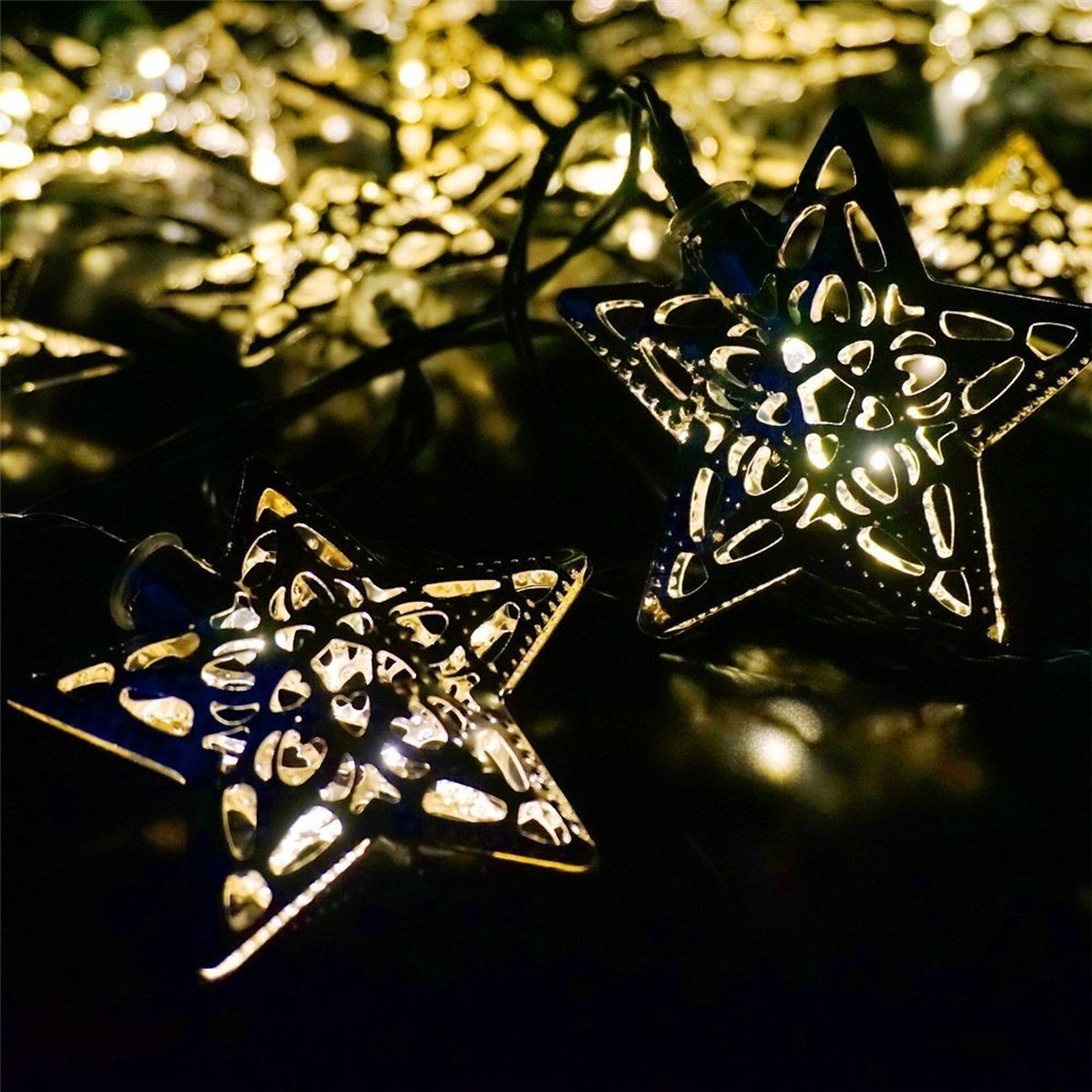 Hann Solar LED Star String Lights, 12ft, 20 Warm White LEDs, Gold, Model HA-001, for Garden, Home, Halloween, Christmas, Wedding Decor