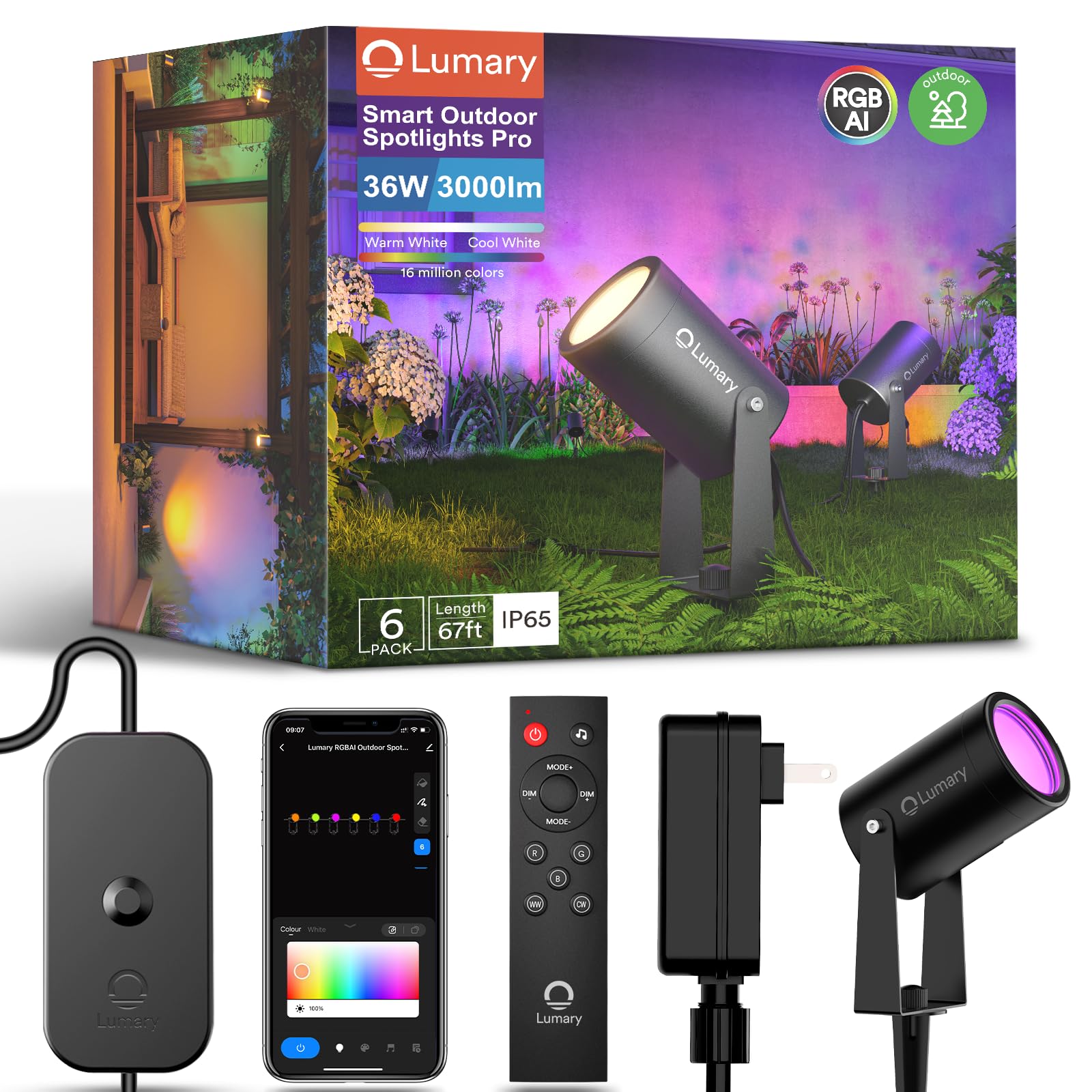 Lumary Smart Landscape Lights Pro, 6 Pack Color Changing Spotlights, IP65 Waterproof, Low Voltage, 65FT, Model US-GL4B-4, Pro 2 Color
