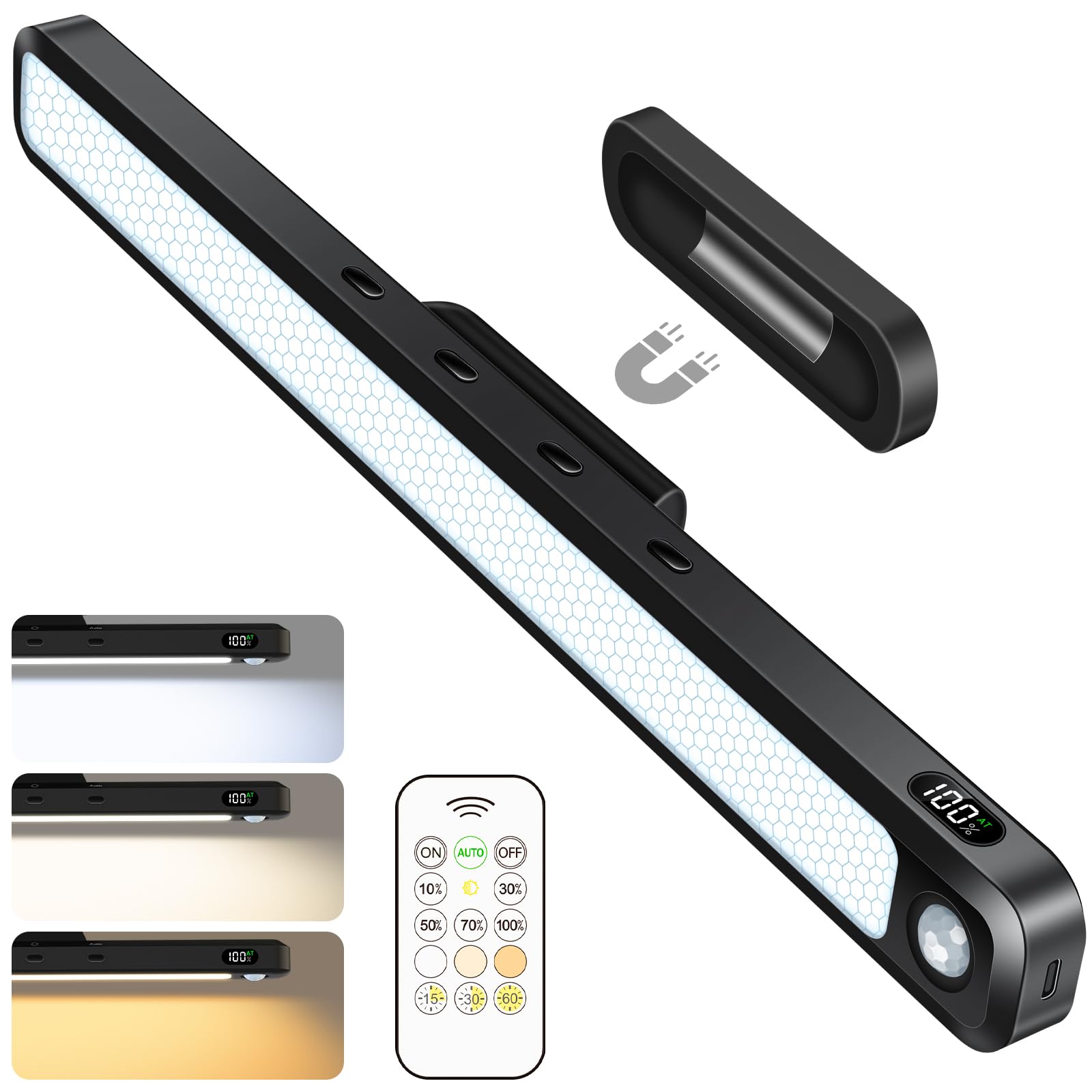 Ferswe 3W Motion Sensor Rechargeable Light Bar With Remote  Eye-Friendly Closet Lights With Battery Display  2000Mah Makeup Lighting  Magnetic Light Bar For Cabinet  Closet  Bathroom And Desk