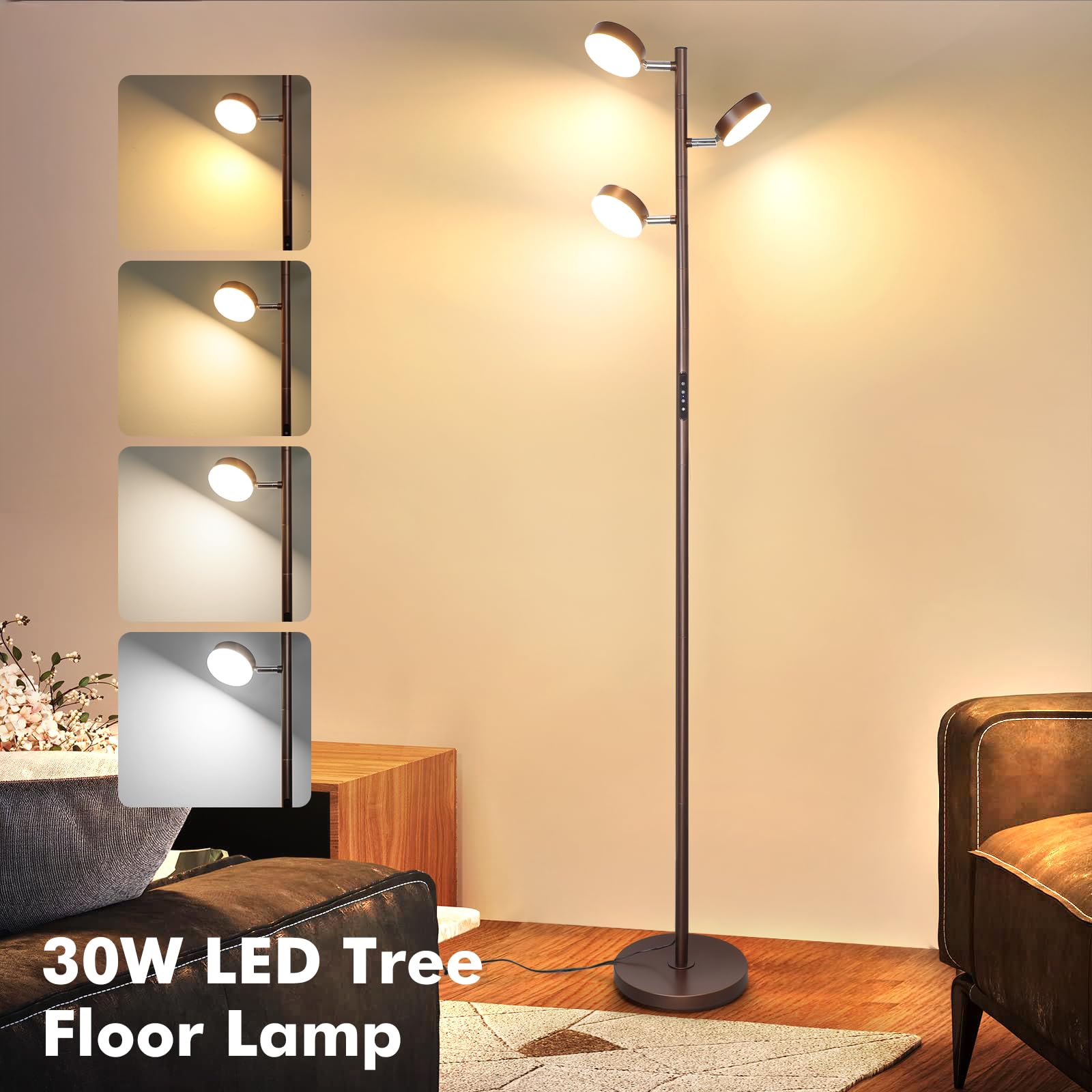 Junnai Dimmable Led Floor Lamp, Modern Tall Standing Lamp With Remote & Touch Control, 4 Color Temperatures, 3 Rotatable Light Tree Floor Lamps For Living Room Bedroom Office Reading, Brown