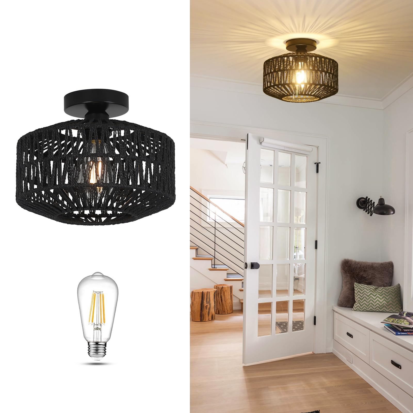 Rattan Light Fixtures Ceiling Mount,Boho Ceiling Light Fixture With Dimmable Led Bulb,Mini Hand Woven Rattan Chandelier Light Fi