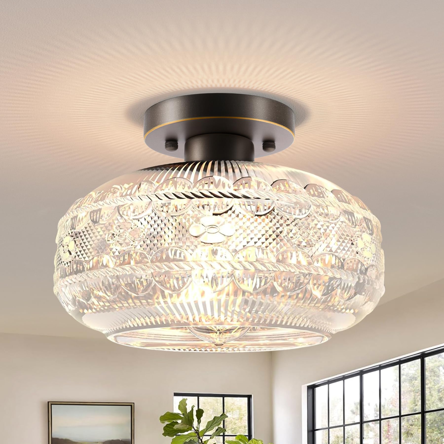 APOTO 11'' Large Semi Flush Mount Ceiling Light,Oil Rubbed Bronze Globe Glass Light Fixture,Vintage Hallway Light Fixture,Close 