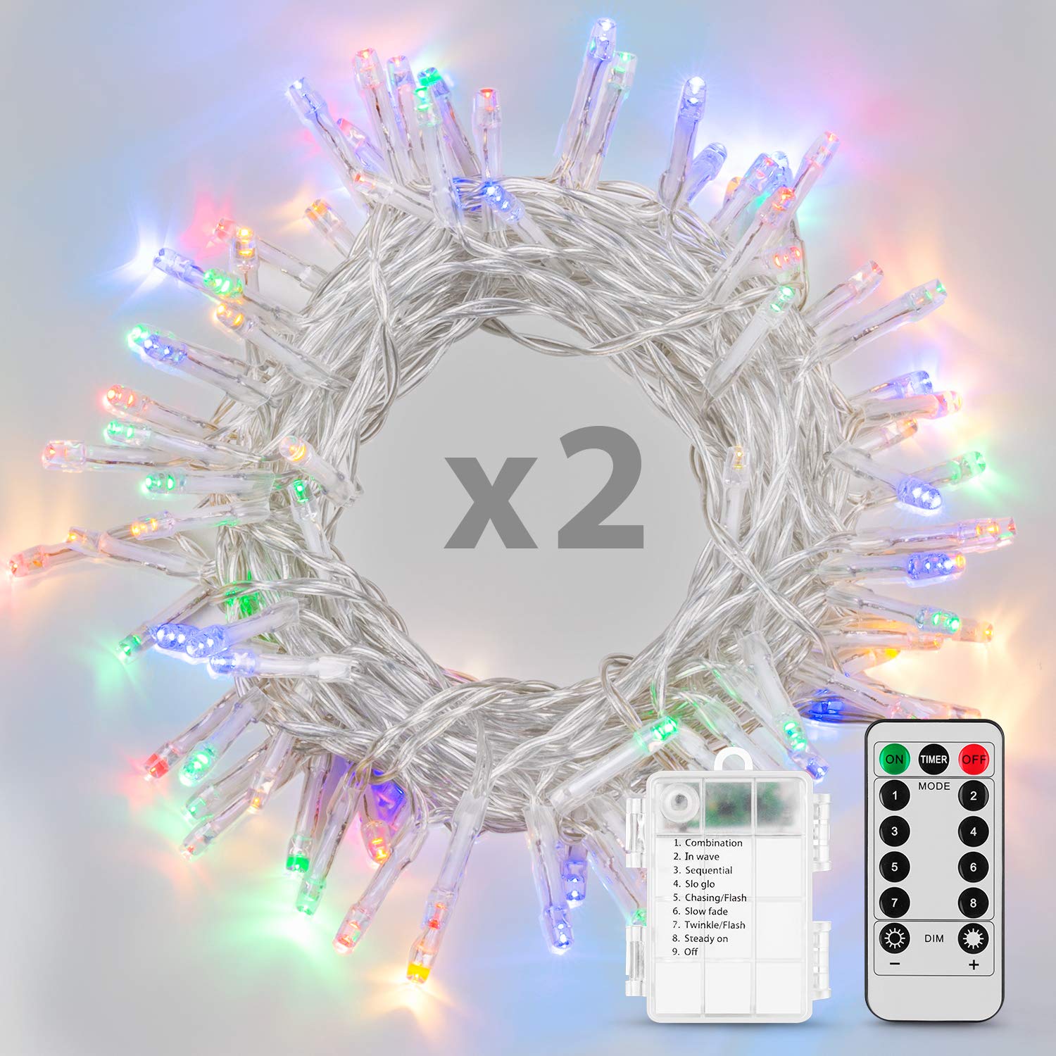 Koxly String Lights, 2 Pack Battery Operated String Lights with Remote Timer Waterproof 8 Modes 36ft 100 LED String Lights for B