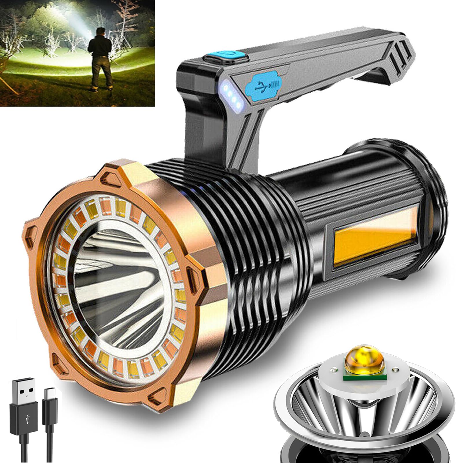 Wrrozz LED Flashlight USB Rechargeable, Super Brightest Flashlight with Sidelight and Hooks, 8 Modes Lighting, Rechargeable Spot
