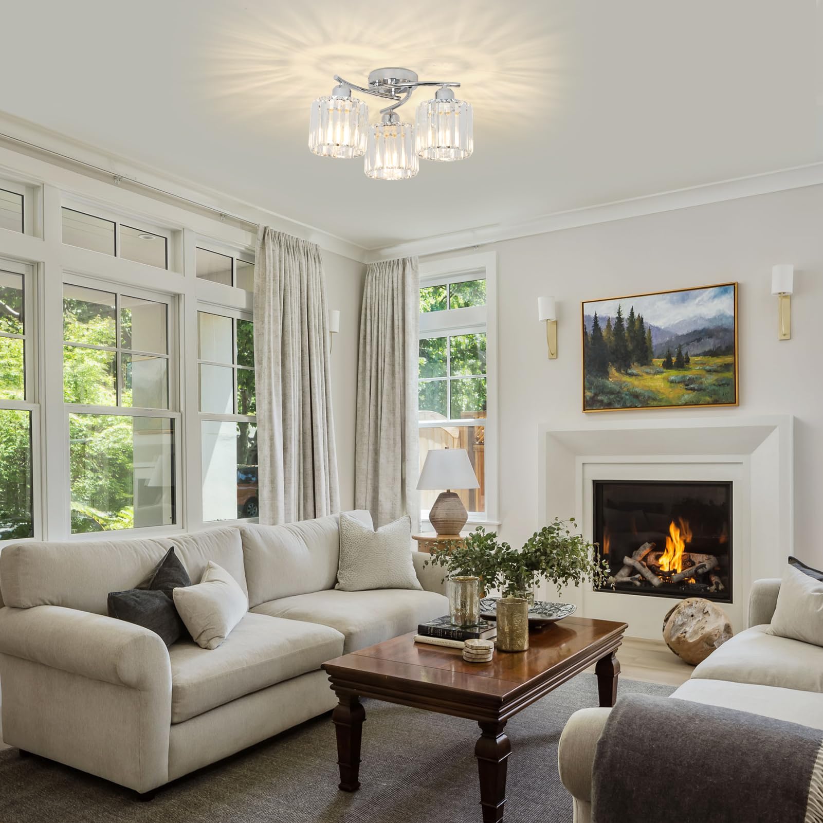 Crystal Close To Ceiling Light Fixtures 3-Light Chrome Modern Semi Flush Mount Ceiling Light Kitchen Light Fixture With Clear Crystal Shades Hallway Lighting Fixture For Entryway Bedroom Bathroom