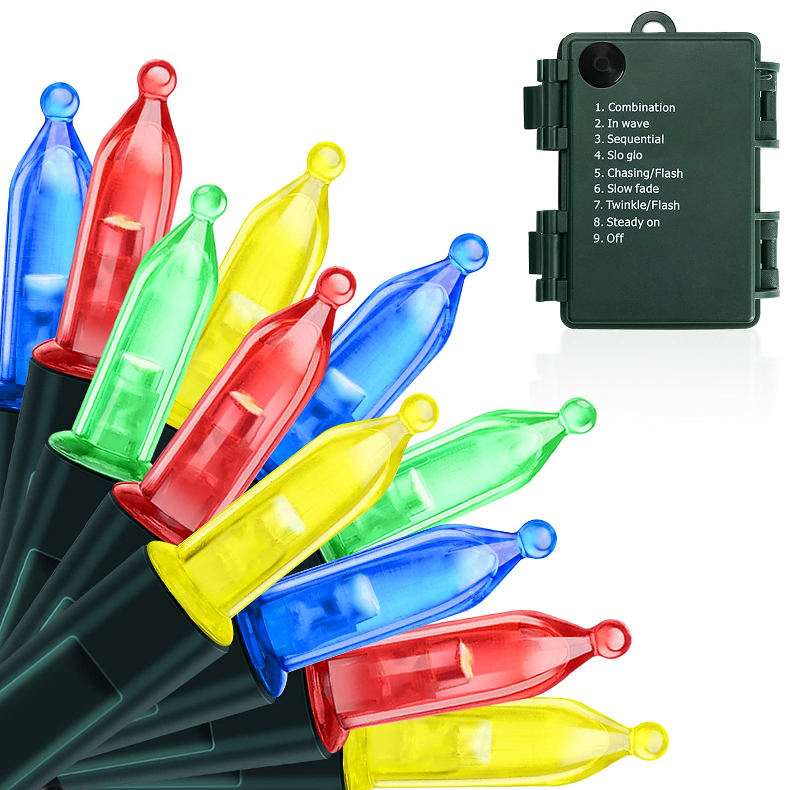 KOUQIYA Battery Operated String Lights, 100 LED, 33ft, Multicolor, Waterproof, 8 Modes, Model LLP100MCUS