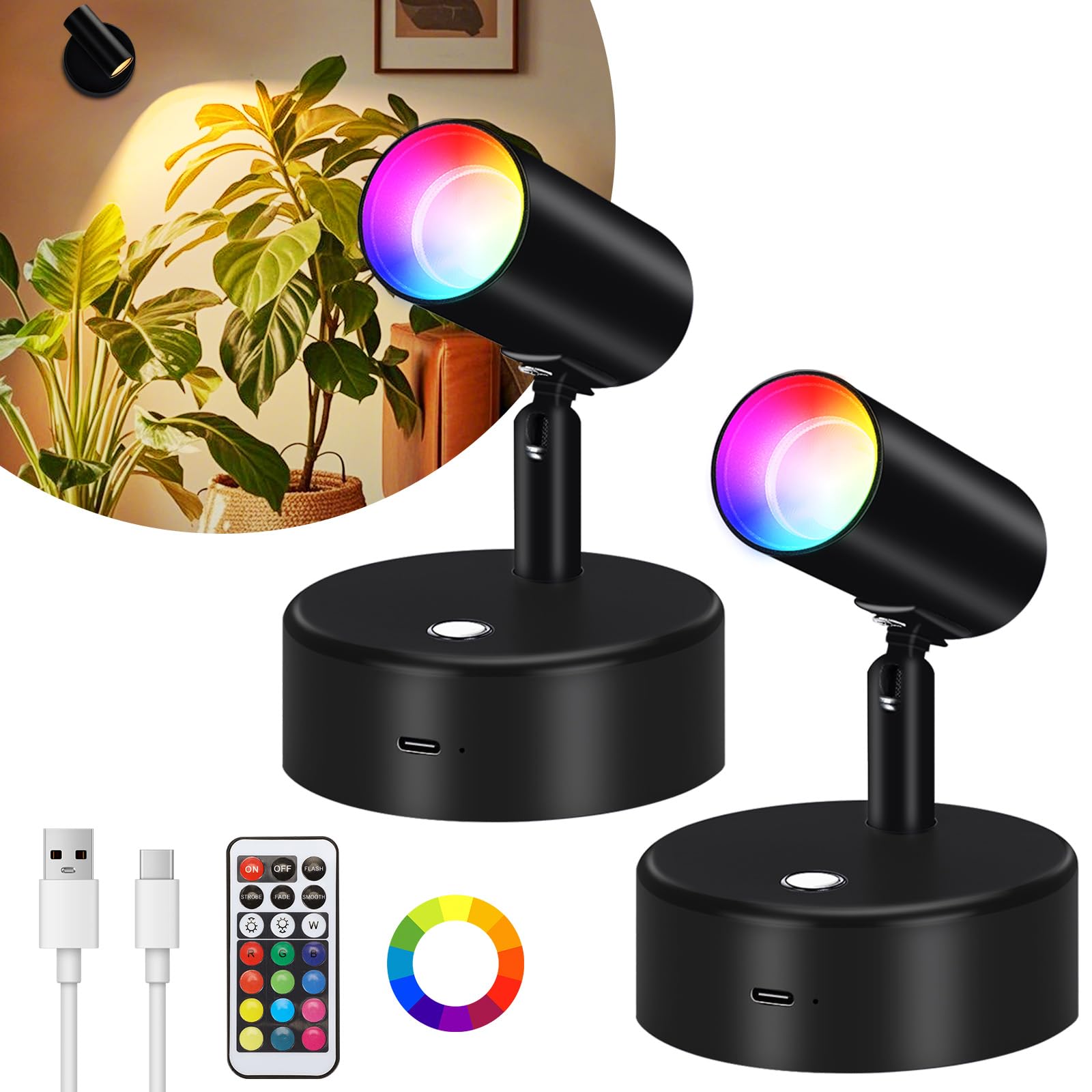 Lightess RGBW Spot Lights Indoor 5500mAh Rechargeable Uplighting with Remote, 13 Color Changing LED Wireless Spotlight Indoor, D