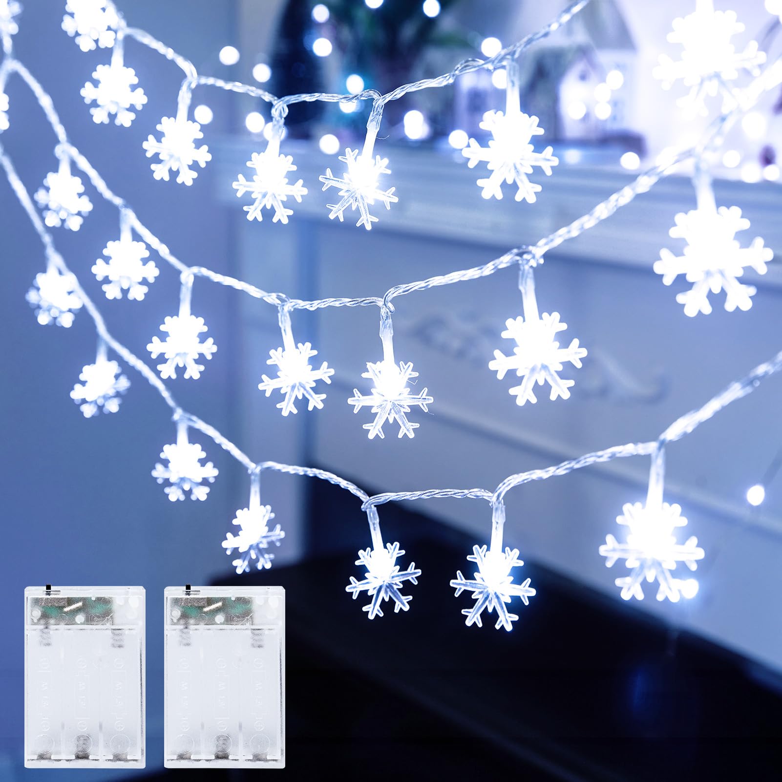 Minetom 2 Pack Christmas Lights, 14 Ft 30 LED Snowflakes, Waterproof, Pure White