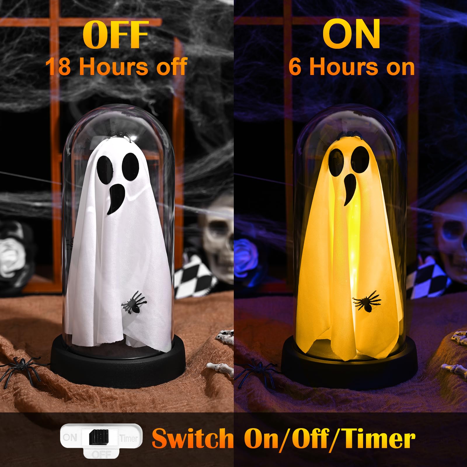 Yinhua Light Up Ghost in Glass Cloche with Timer, 8.5inx4.3in, Warm Light, Acrylic Halloween Decor for Desk, Fireplace, Gift