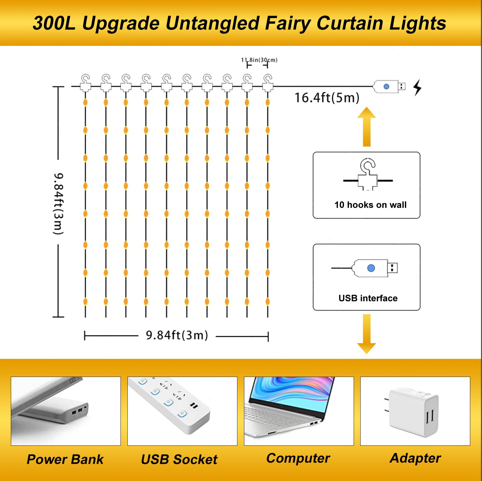Sinamer Curtain Light With Upgrade Untangled Wires For Bedroom, 300Led 9.8Ft X 9.8Ft Window Fairy Curtain String Light With 16 Hooks, 8 Modes Remote For Wedding Party Home Indoor Decor, Warm White