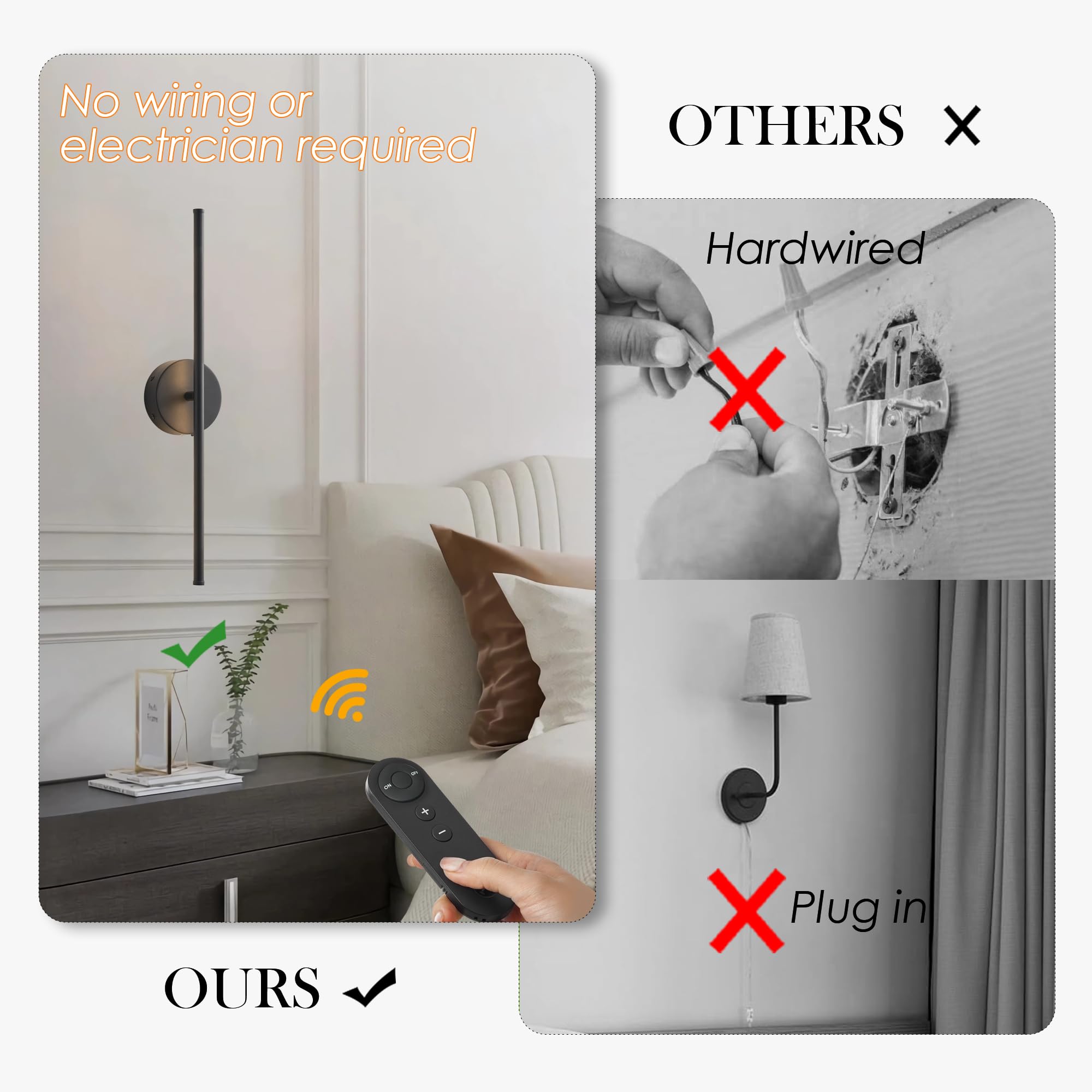 KARTOOSH Battery Operated Wall Sconces Set of 2, Dimmable 350° Rotate, 3000K LED, 20.4 Inch Black Metal Lights for Living Room