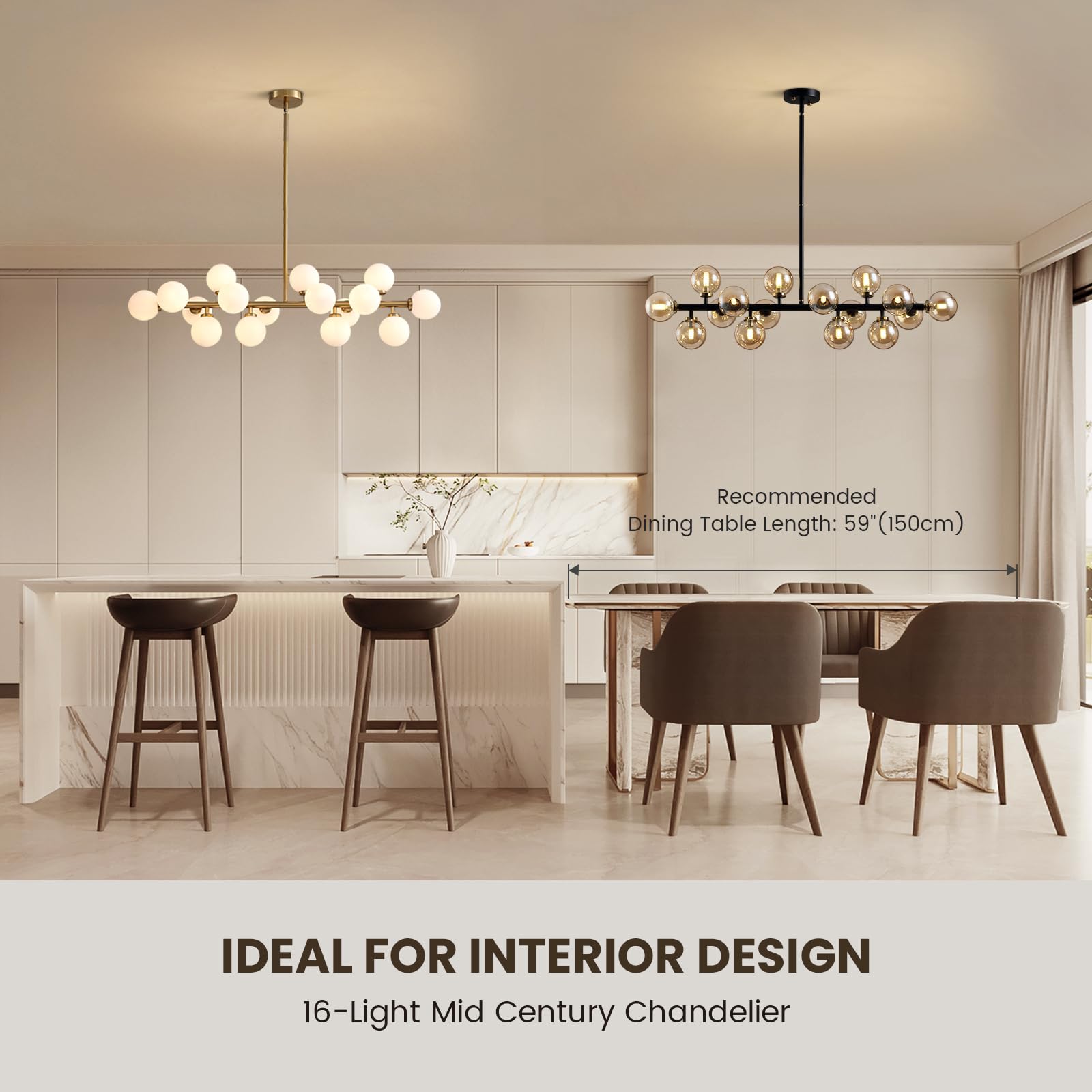 Apbeamlighting Mid Century Modern Chandeliers For Dining Room, 39'' Linear Pendant Light Fixtures With Amber Glass Globe, 16-Lig