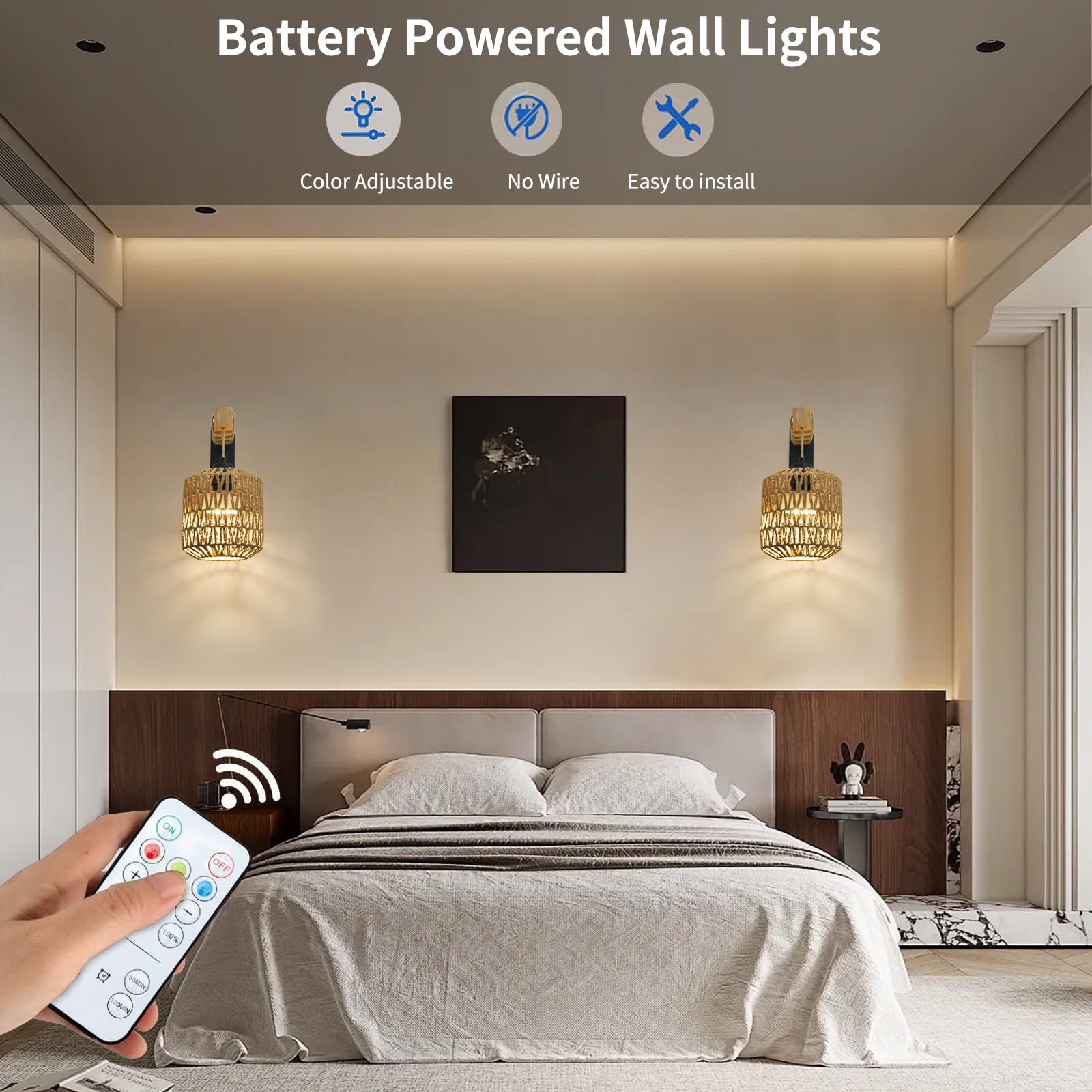 NOVCAND Battery Operated Rattan Wall Sconce Set of Two, Wireless RGB Lights, Black, Farmhouse Style, Model TW20240820-INTELLIGENT