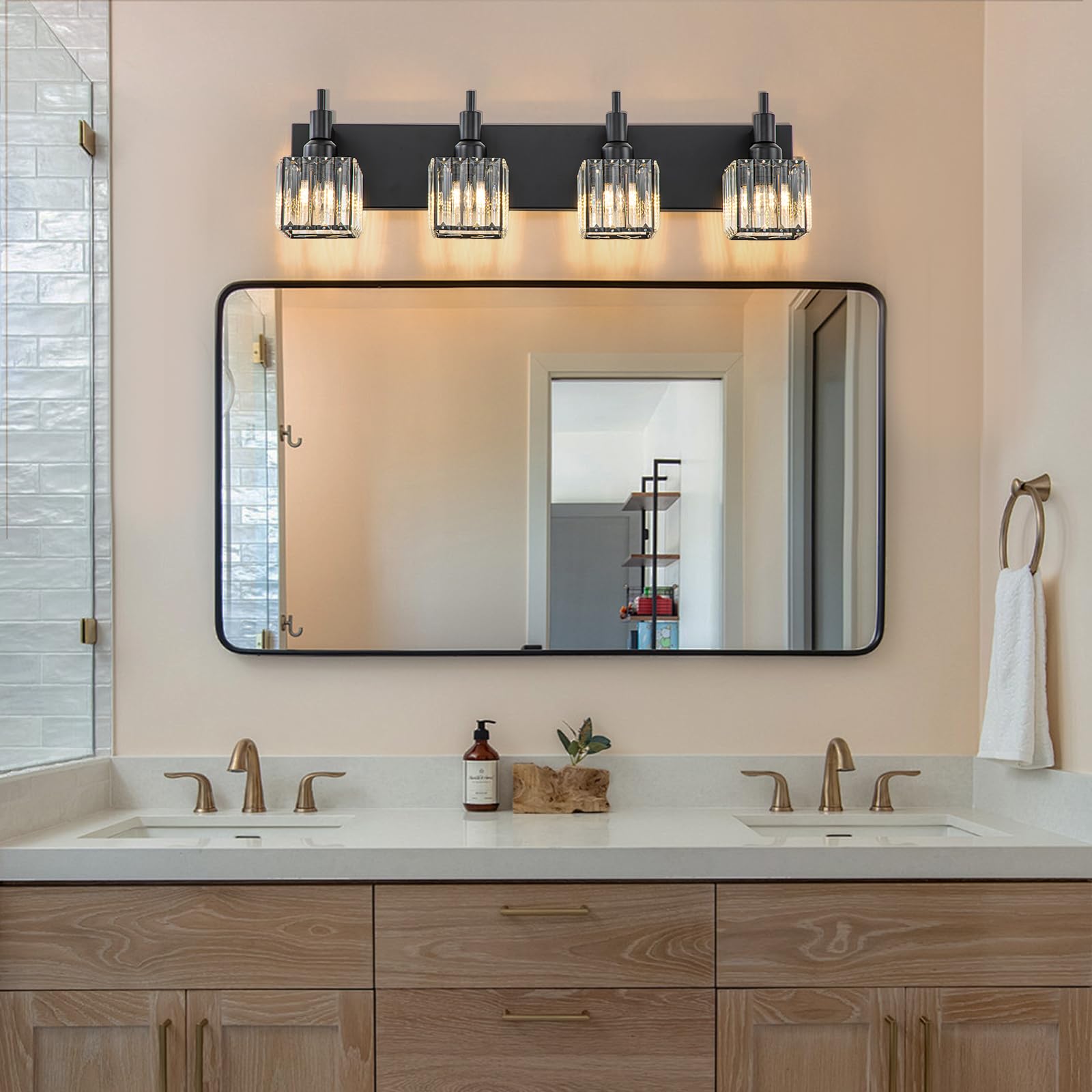 HUOKU 4-Light Bathroom Vanity Light Black Metal Crystal Wall Sconce Square Shade Model HK-BCL001