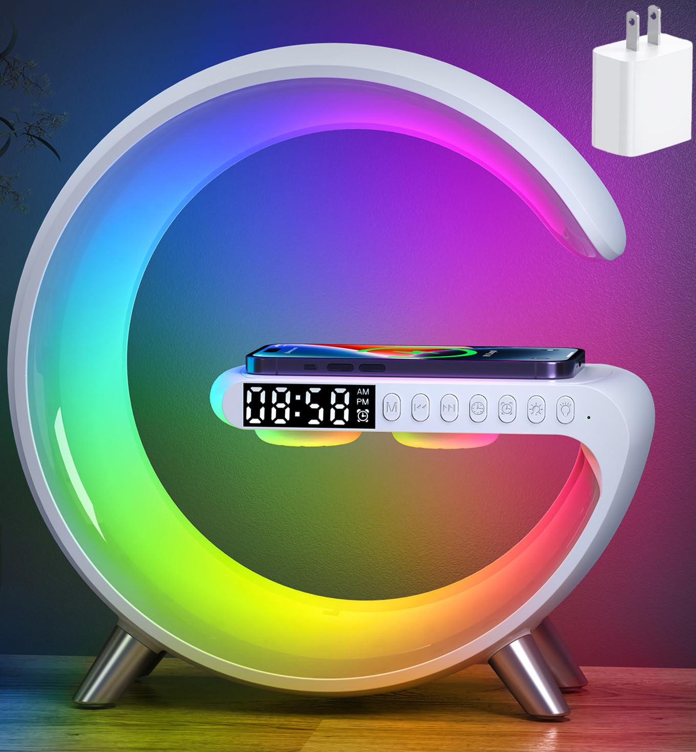 Smart LED Table Lamp, 4-in-1 Wireless Charger, Night Light, Alarm Clock, Bluetooth Speaker with App Control, Bedside Lamp with C