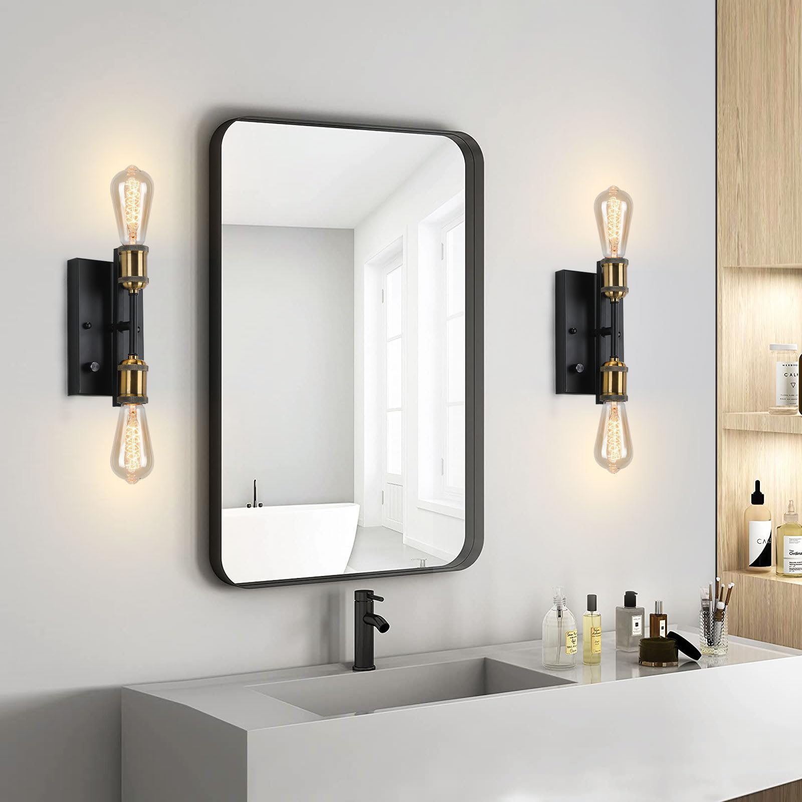 Lightess 2-Light Bathroom Light Fixture, Dimmable Wall Sconce, Copper, Metal, Black-Glass, Model LG9944217, Bulbs Not Included