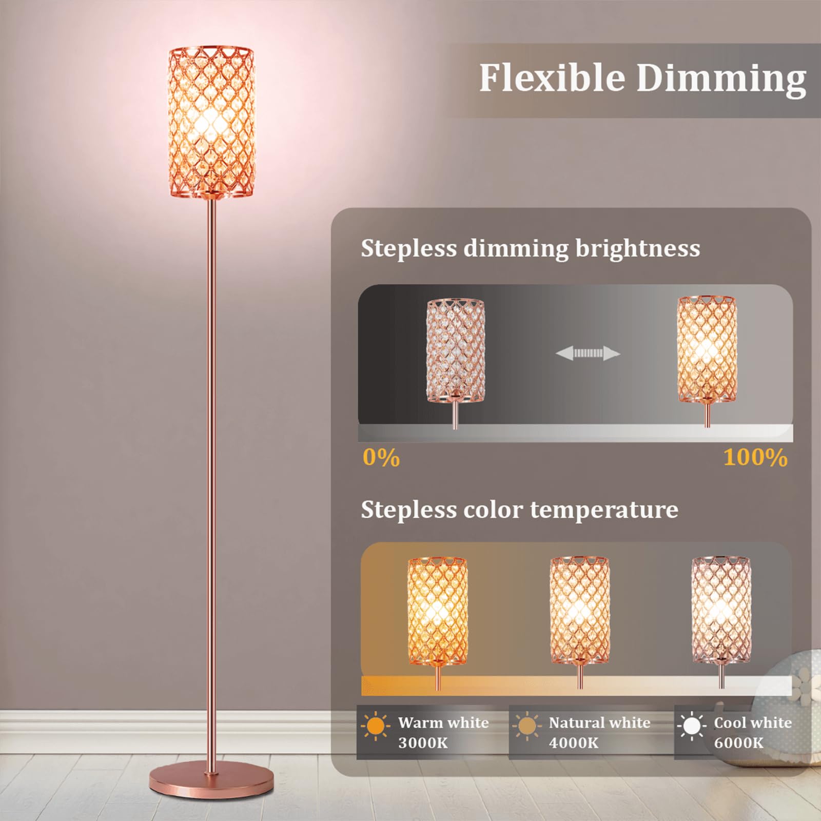 Emorlo Crystal Floor Lamp With Remote Control, Smart Rose Gold Floor Lamps For Living Room With Bulb Included, Crystal Standing
