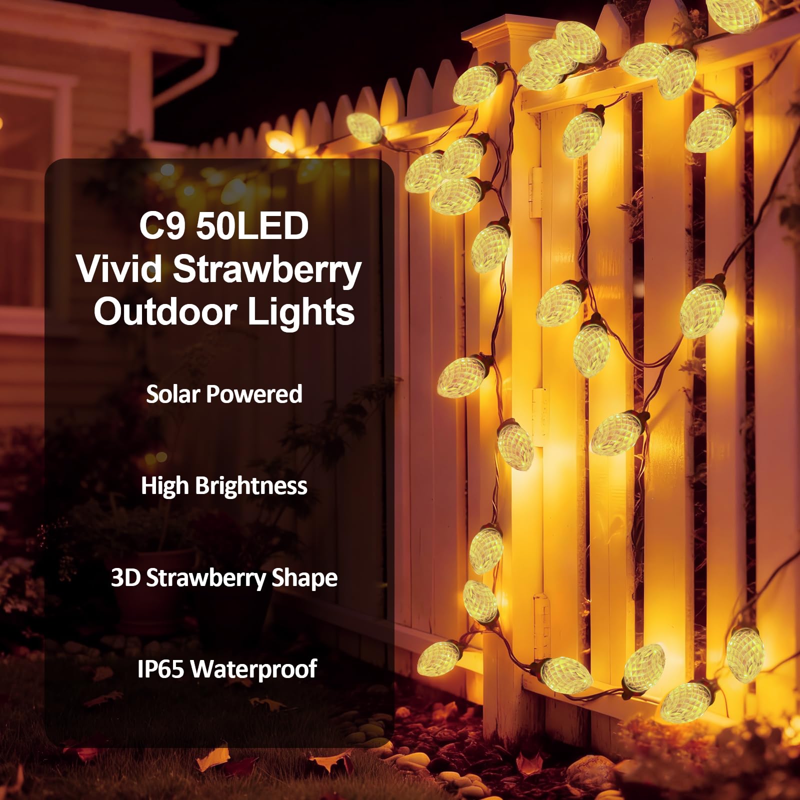 L LAMPOP C9 Solar Powered LED String Lights, 50 Warm White Waterproof Lights, 8 Modes, Green Wire, Perfect for Patio & Party Decor