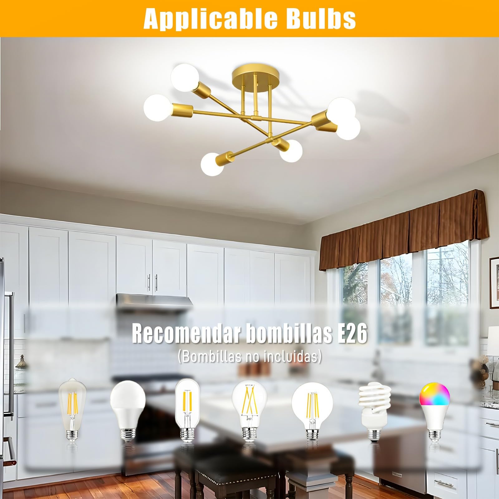 Spoli Modern Sputnik Chandelier, 6-Light Ceiling Light Fixture, Gold Industrial Pendant Light Semi Flush Mount For Living Room D