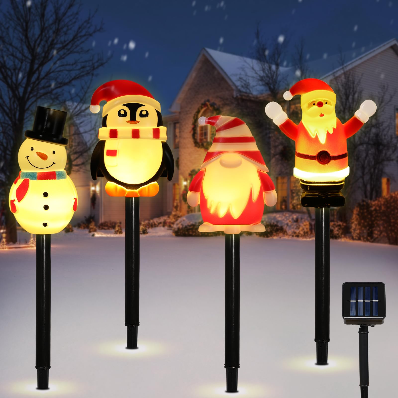 Lewondr 4 Pack Christmas Decorations Outside,Solar Lighted Santa Claus,Snowman,Gnome,Penguin With Garden Stakes,Waterproof Garde