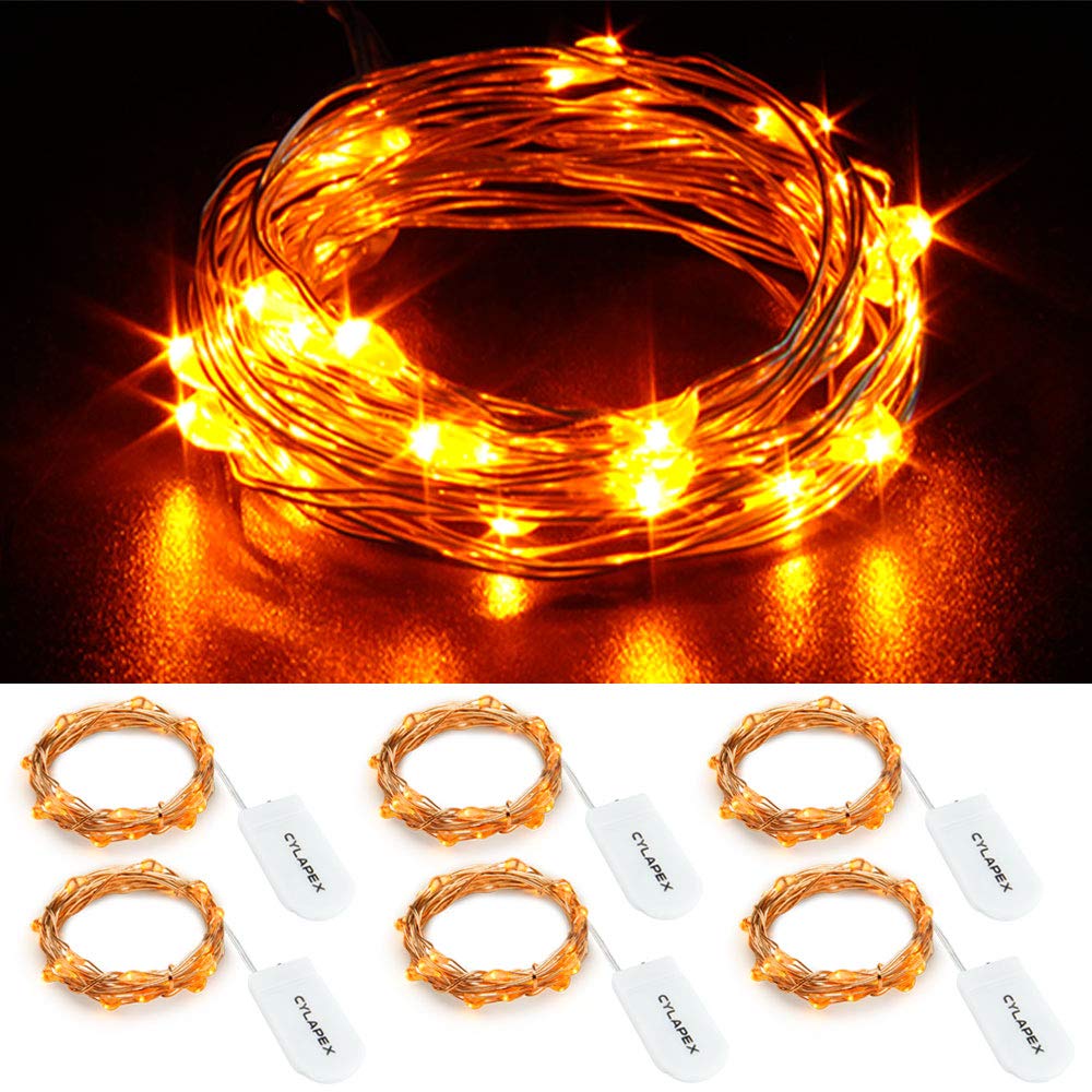 Cylapex 6 Pack Orange Fairy Lights String Battery Operated Fairy Lights Firefly Lights Led Starry String Lights 3.3Ft 20 Leds Silvery Copper Wire For Hallowen Christmas Decor Costume Wedding Party