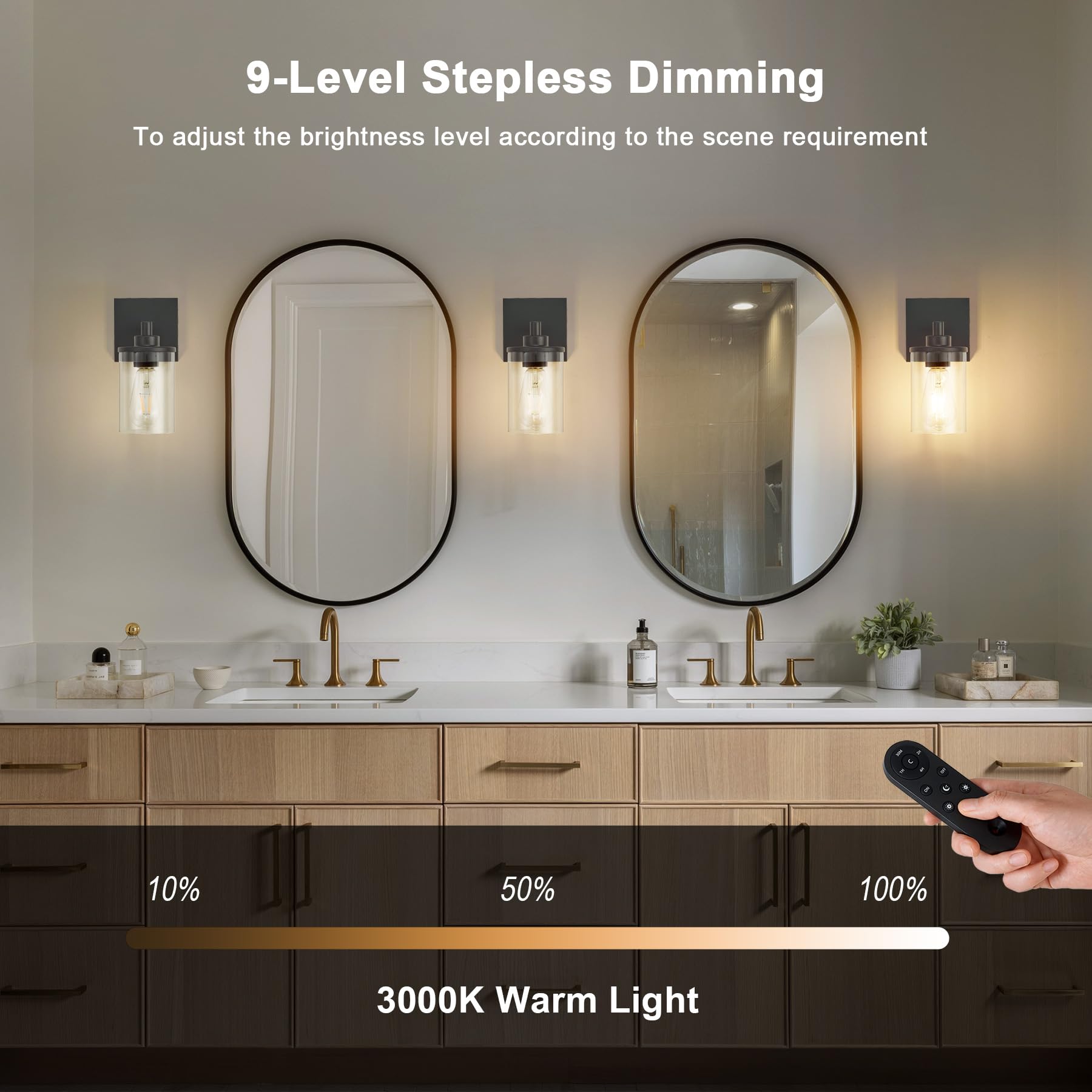 Battery Operated Wall Sconce Set of 2 with Remote Control, Black Rechargeable Wireless Wall Decor Light with Glass Shade, Cordle