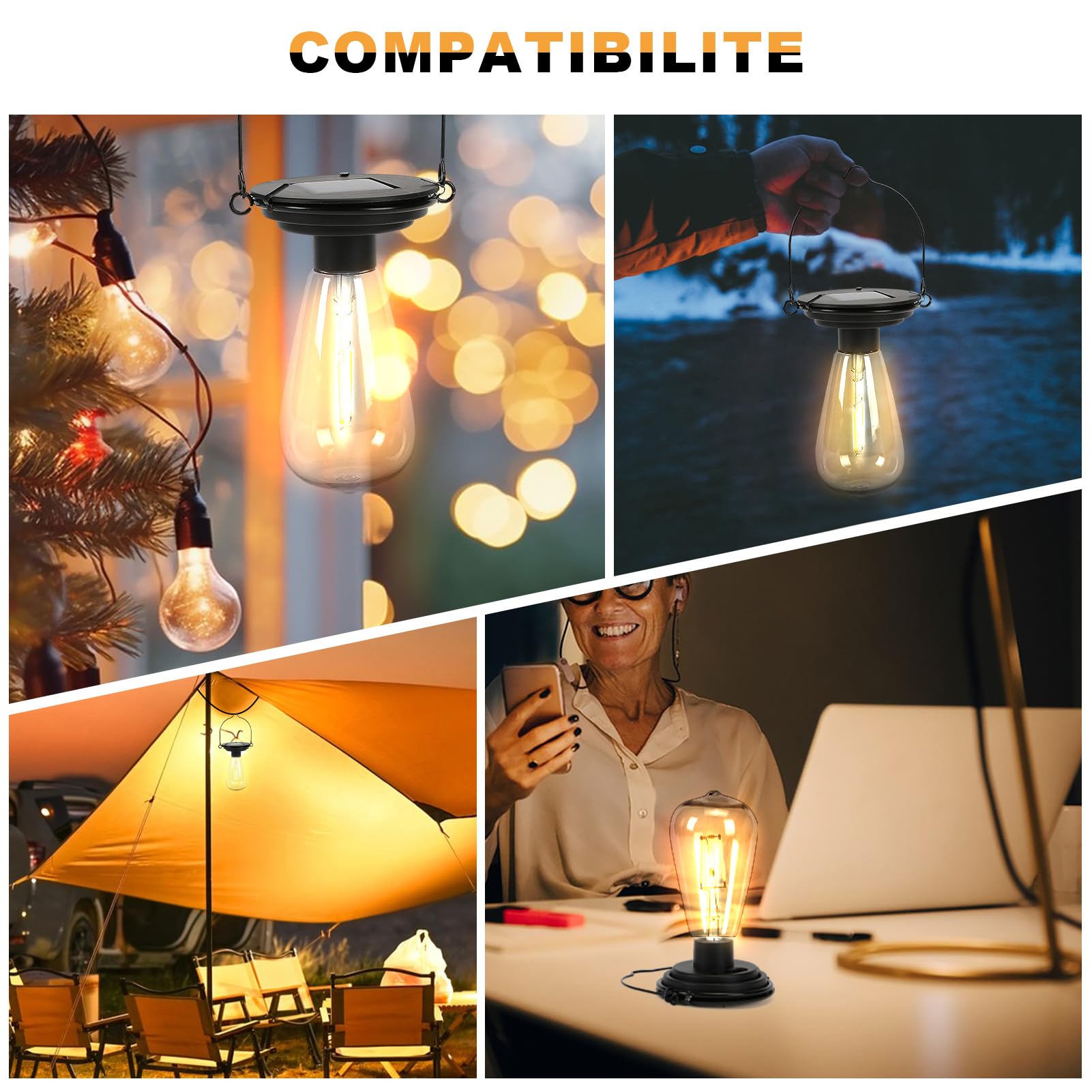 JKIMK Solar Light Bulbs - Waterproof Outdoor Lanterns 2 Pack, Warm White, Multifunctional ABS Design, Model GUO-S64-1-1-1-1