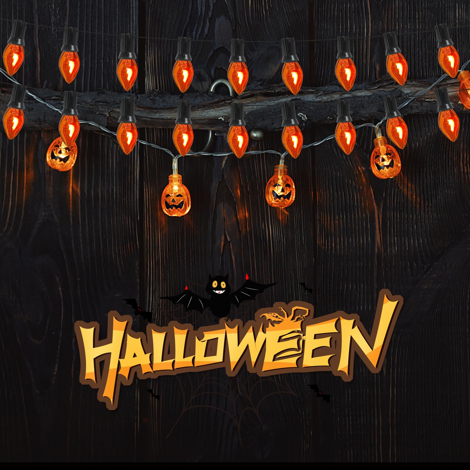 SUNSGNE C7 Outdoor String Lights with 27 Orange Flame Bulbs, 25FT, E12 Base, Black Wire, Halloween Christmas Decor