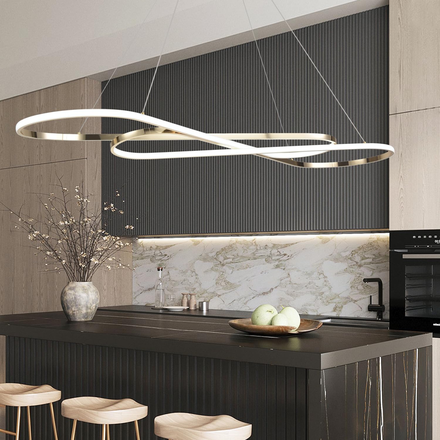 Likflyer Modern Led Pendant Light for Kitchen Island Lighting Gold Led Chandelier for Dining Room Light Fixture Height Adjusted 