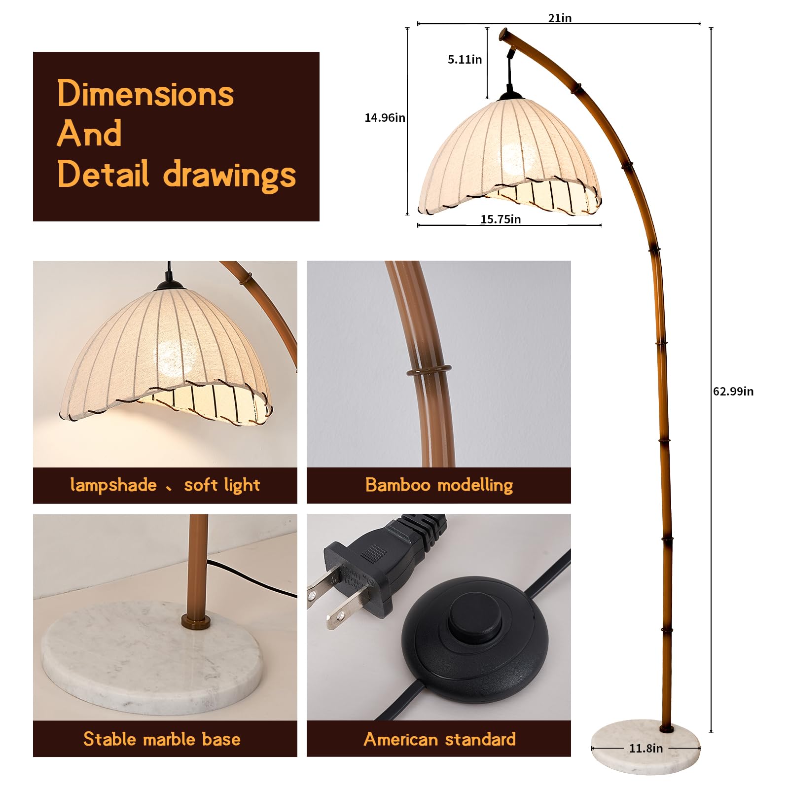 Ru Rao Retro Bamboo Floor Lamp - Dimmable Rgb Arc Lamp For Bohemian Living Room Decor